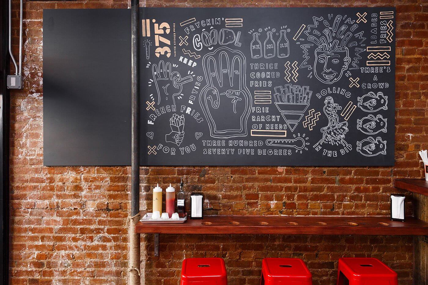 Witty illustrations and pattern mural design for food and beverage brand 375 Chicken and Fries