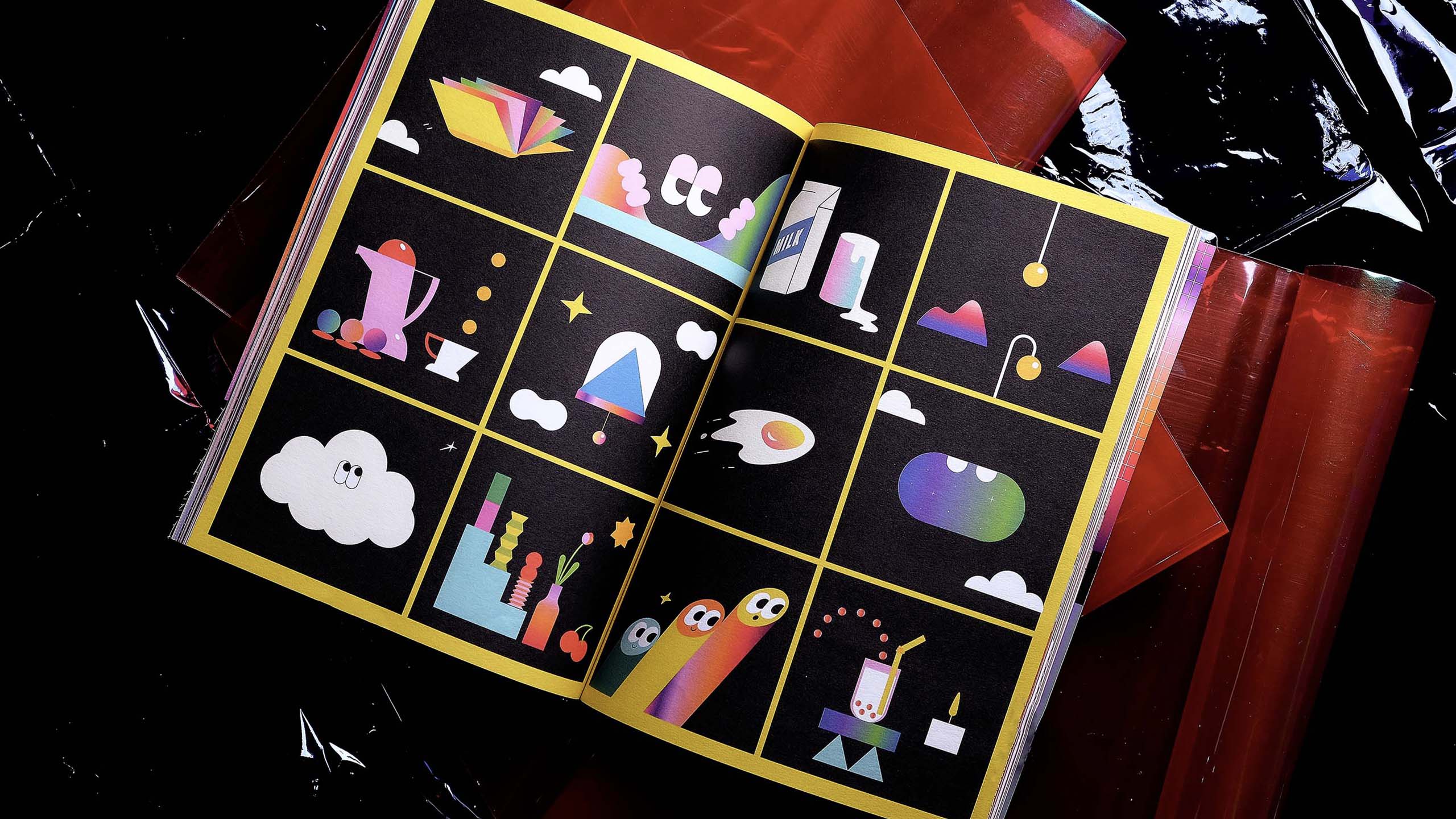 A fun and colorful illustrated spread in branding and design magazine The Serious Review