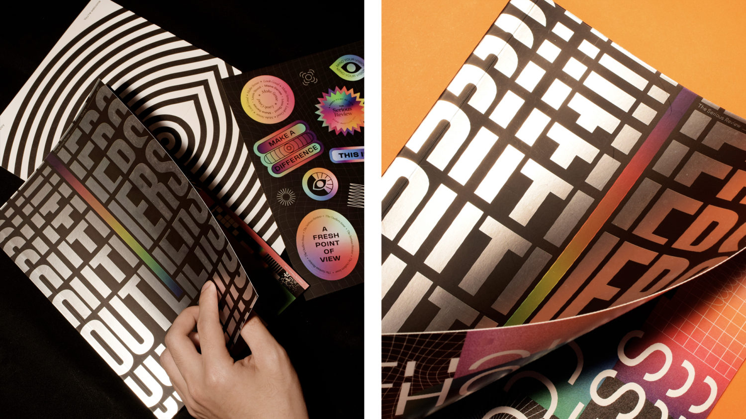The metallic cover and colorful sticker inserts in branding and design magazine The Serious Review