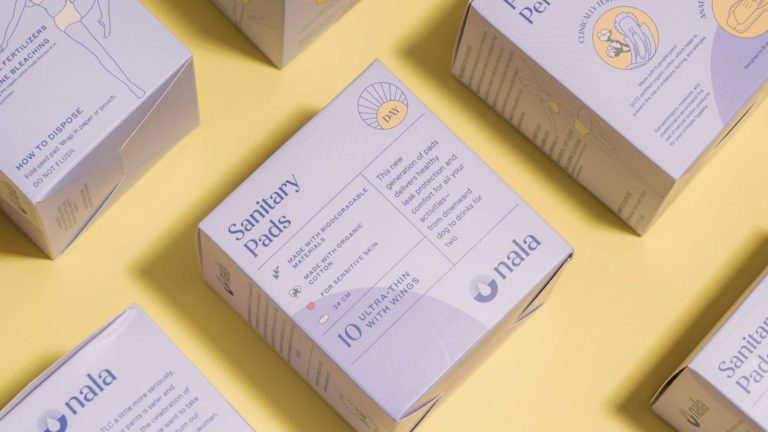 Flat lay photography of sanitary products and packaging design for femtech brand Nala