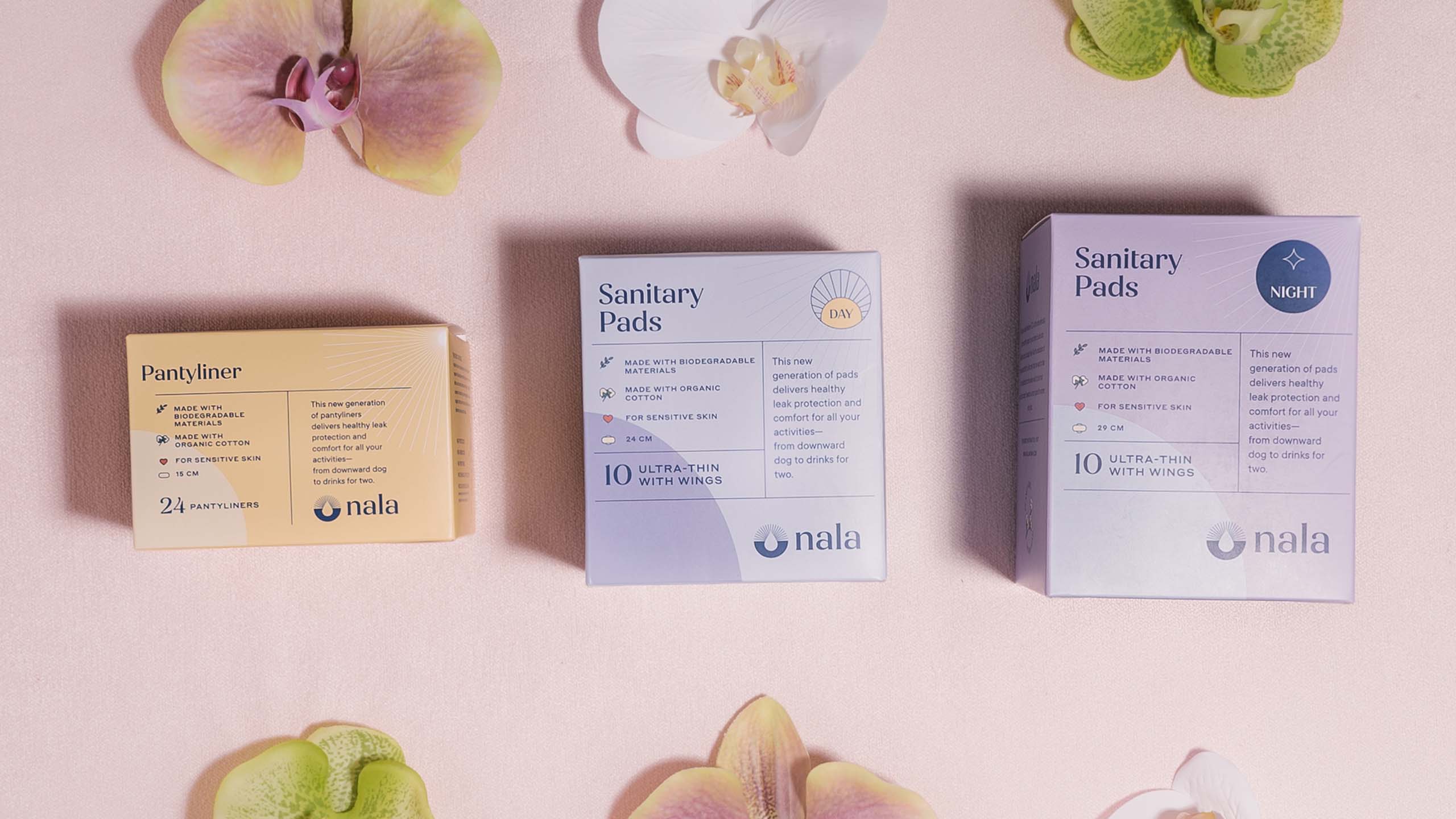 A flatlay of sanitary products and packaging designed for femtech brand Nala