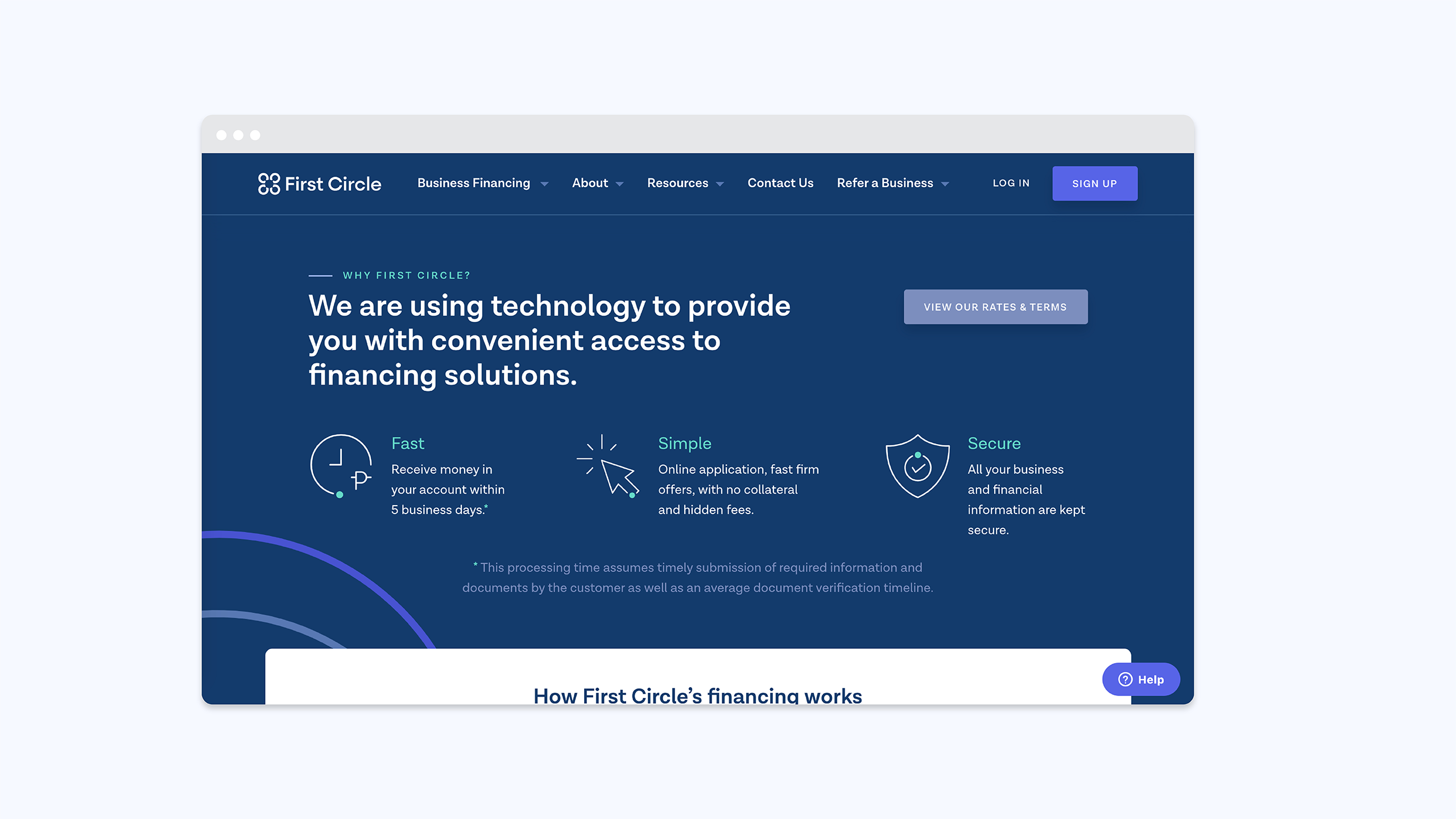 Website UX design for technology finance brand First Circle