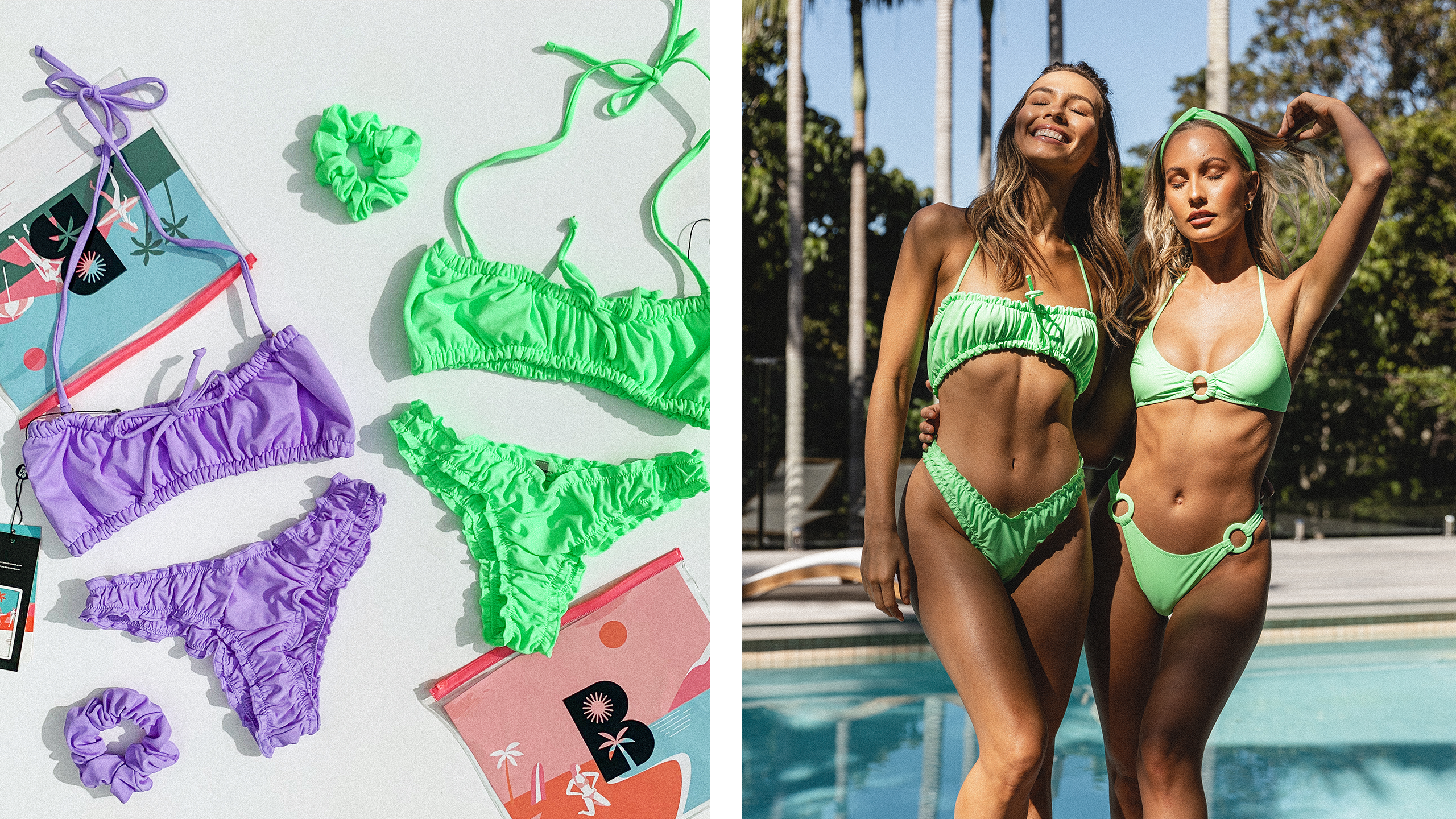 Photos of swimsuits and packaging for swimwear brand Blackbough
