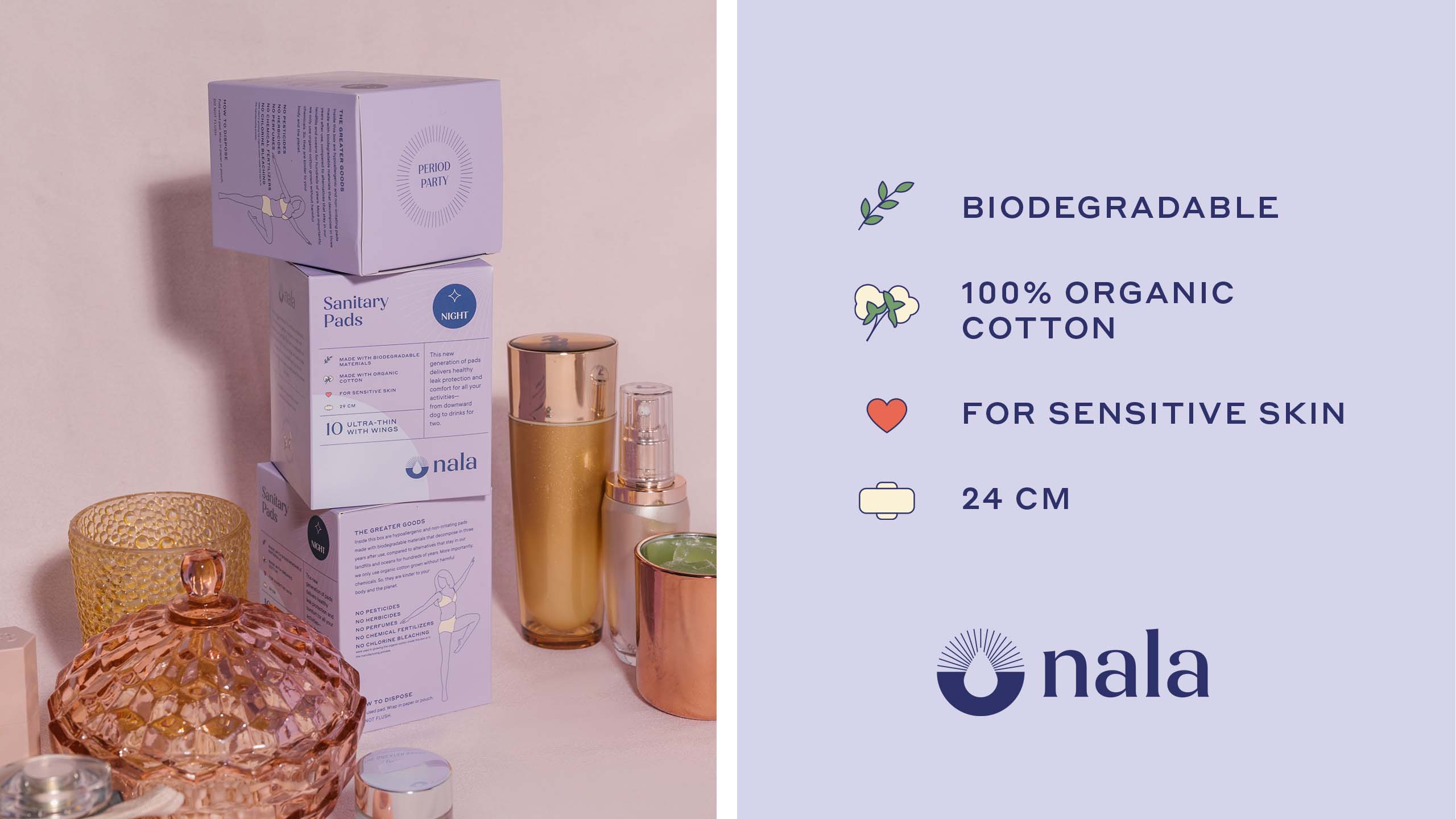 Product photography and styling and minimal modern icon set designed for femtech brand Nala