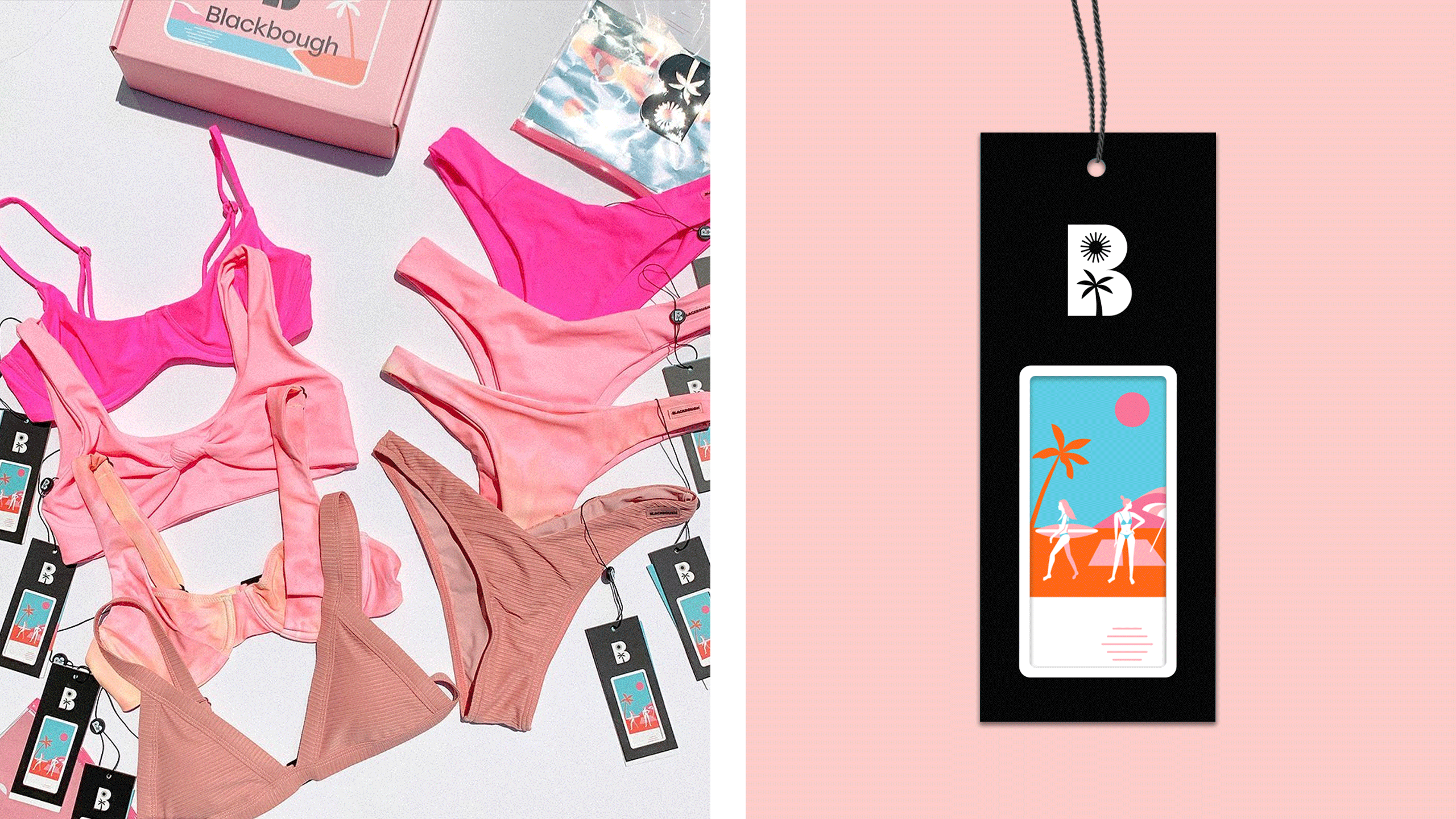 Photos of swimsuits, packaging and price tags designed for swimwear brand Blackbough