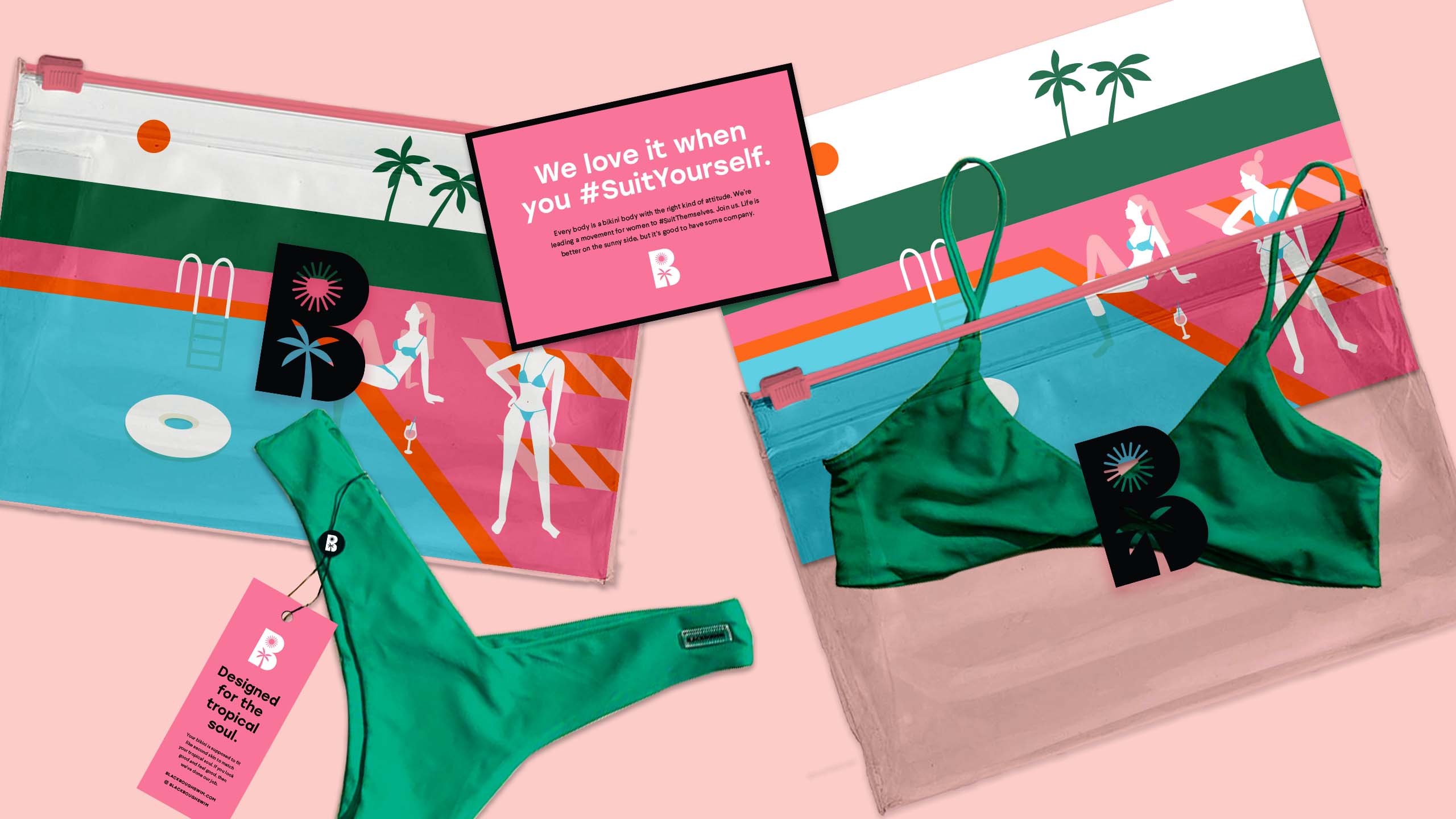 Colorful swimsuit packaging for swimwear brand Blackbough