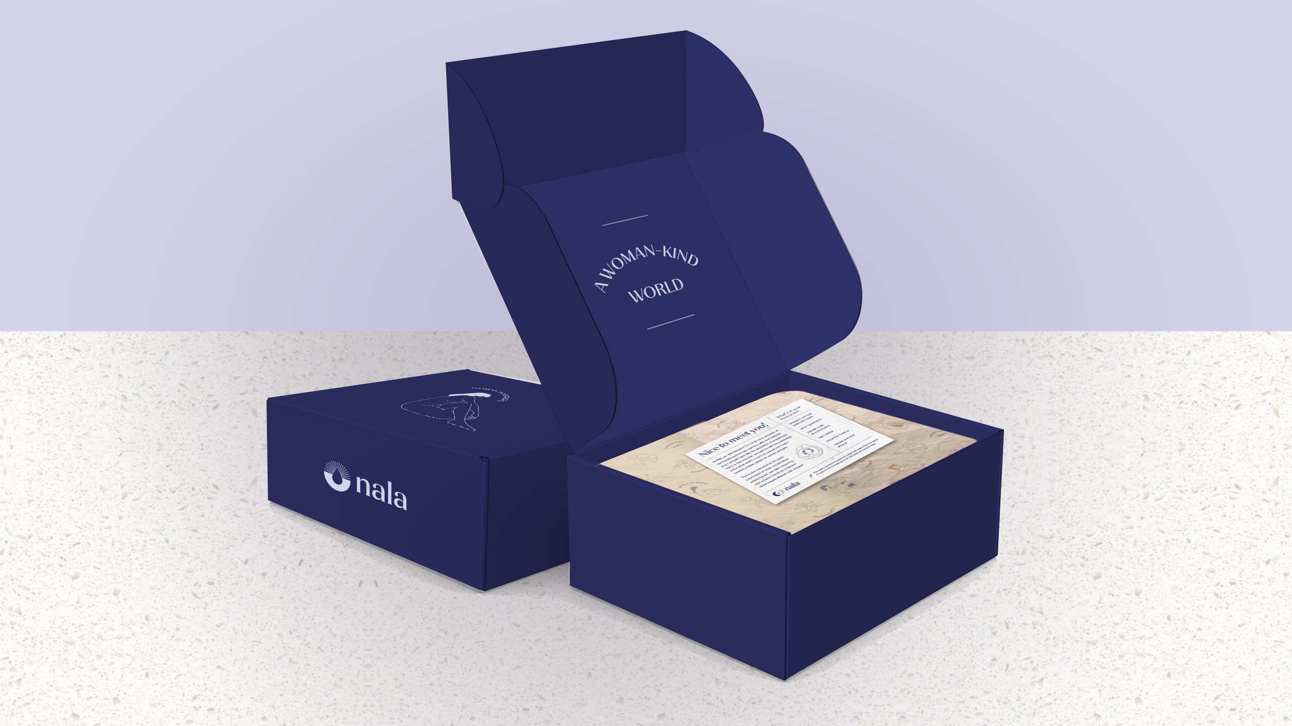 Bold and bright kraft box packaging designed for femtech brand Nala
