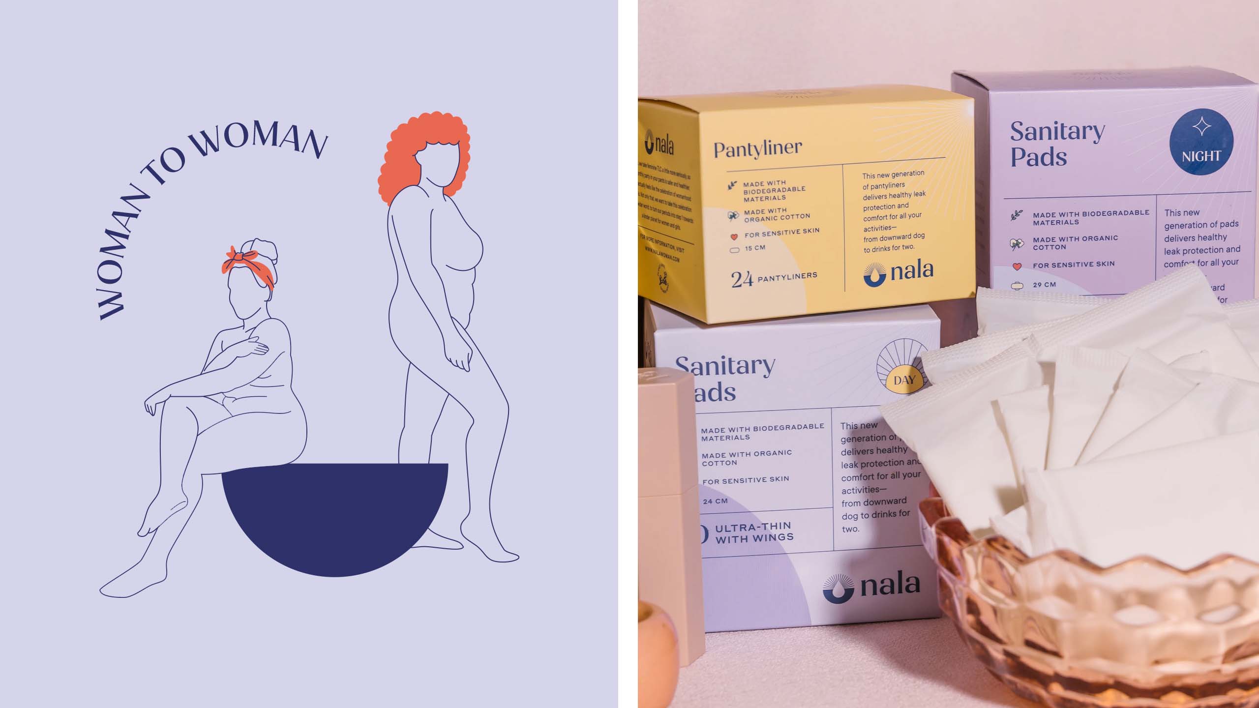 Minimal line art illustrations of women and product photography for femtech brand Nala