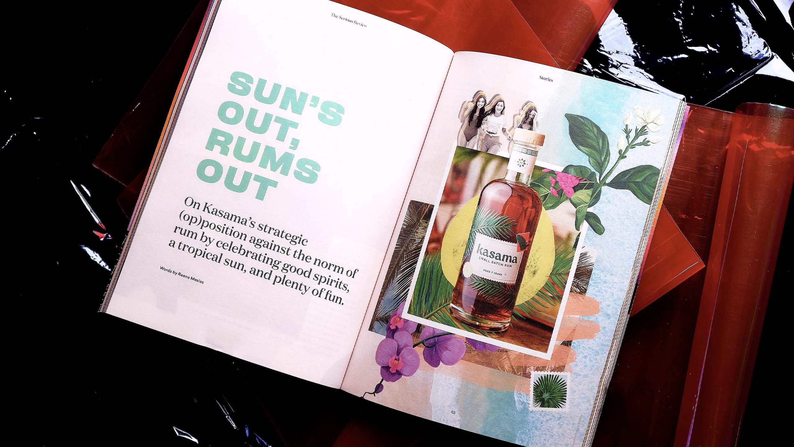 Design and branding magazine layout for The Serious Review featuring rum brand Kasama