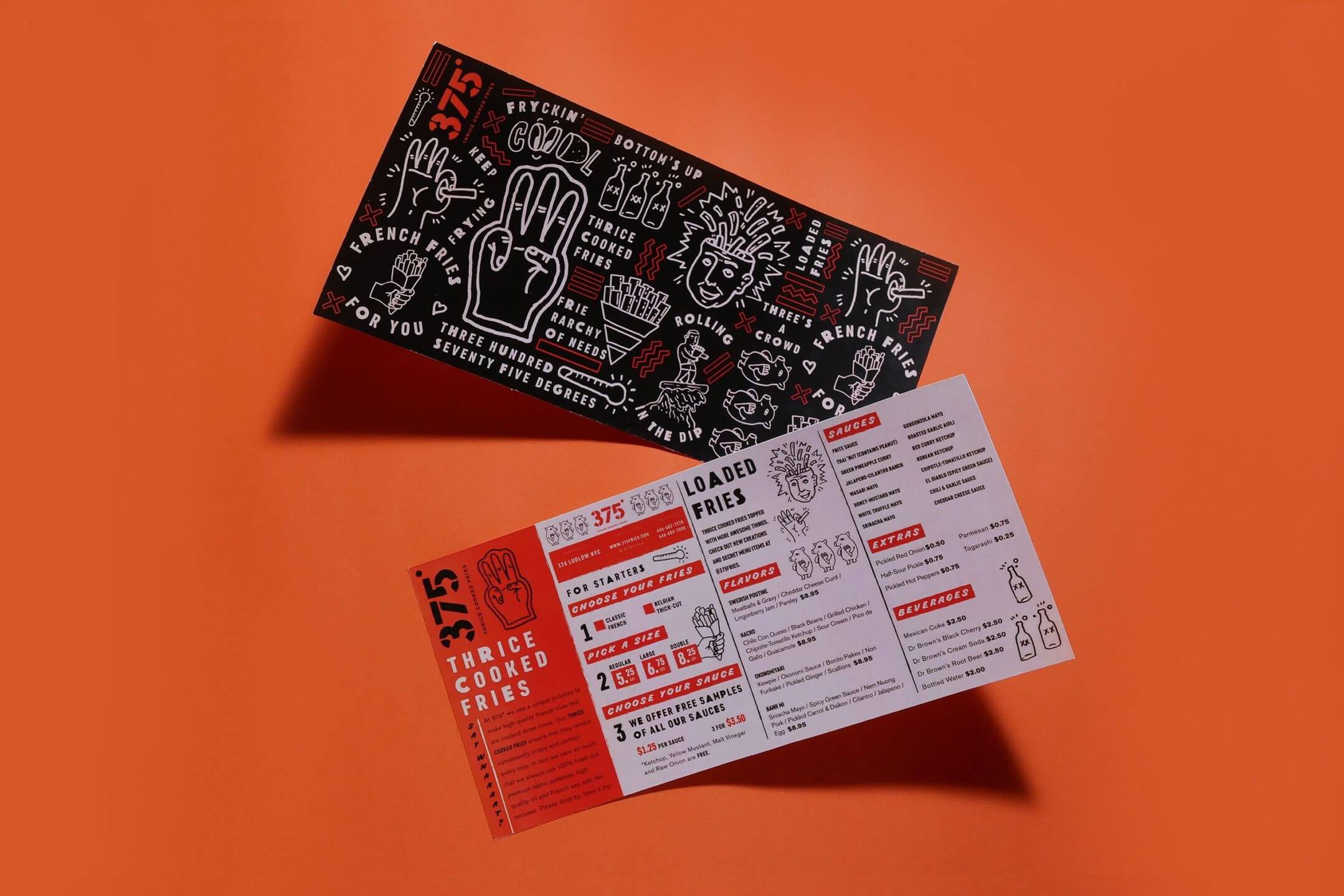 Grungy illustration and menu layout design for food and beverage brand 375 Chicken and Fries
