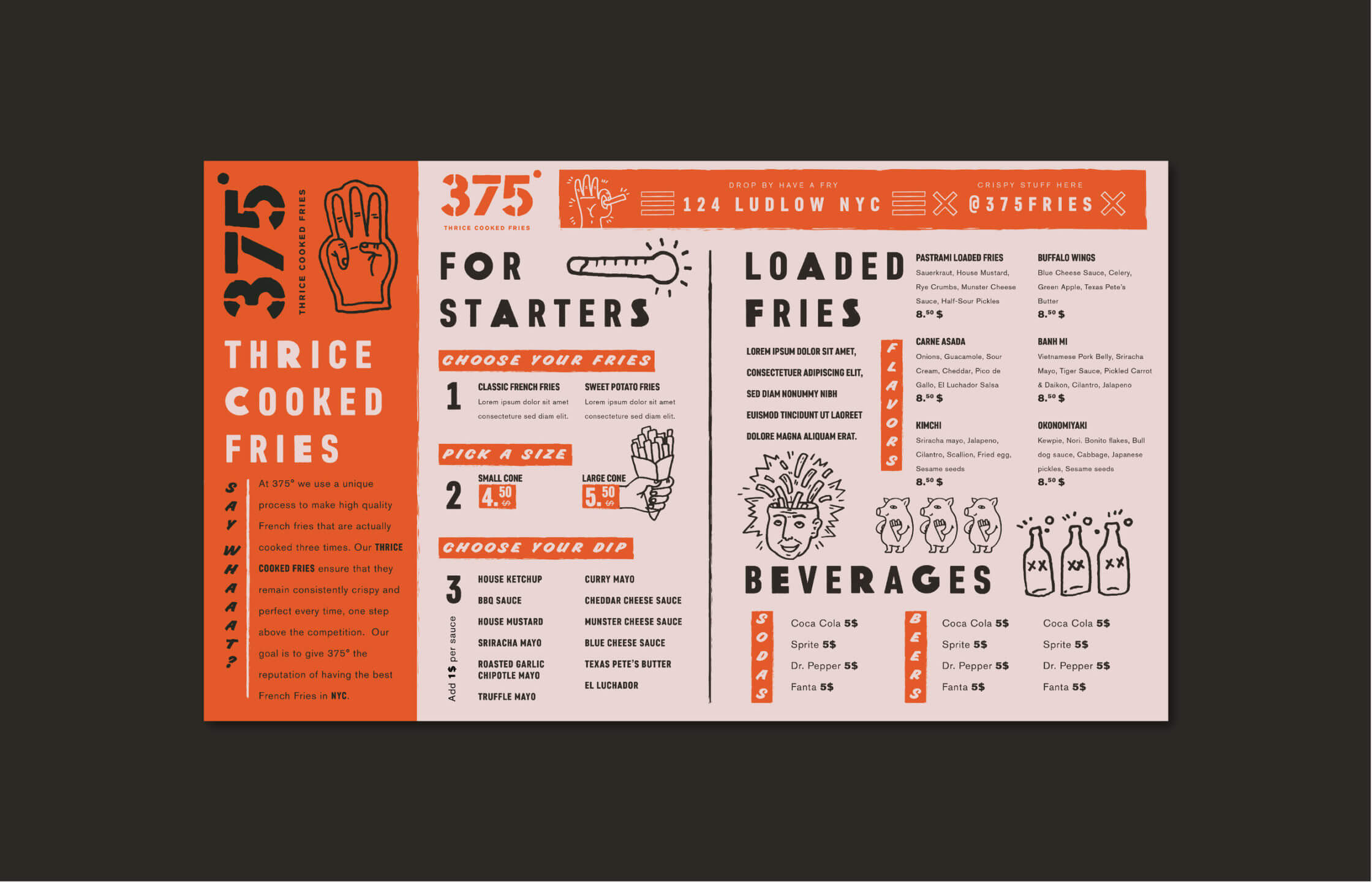 New York menu layout and design for food and beverage brand 375 Chicken and Fries
