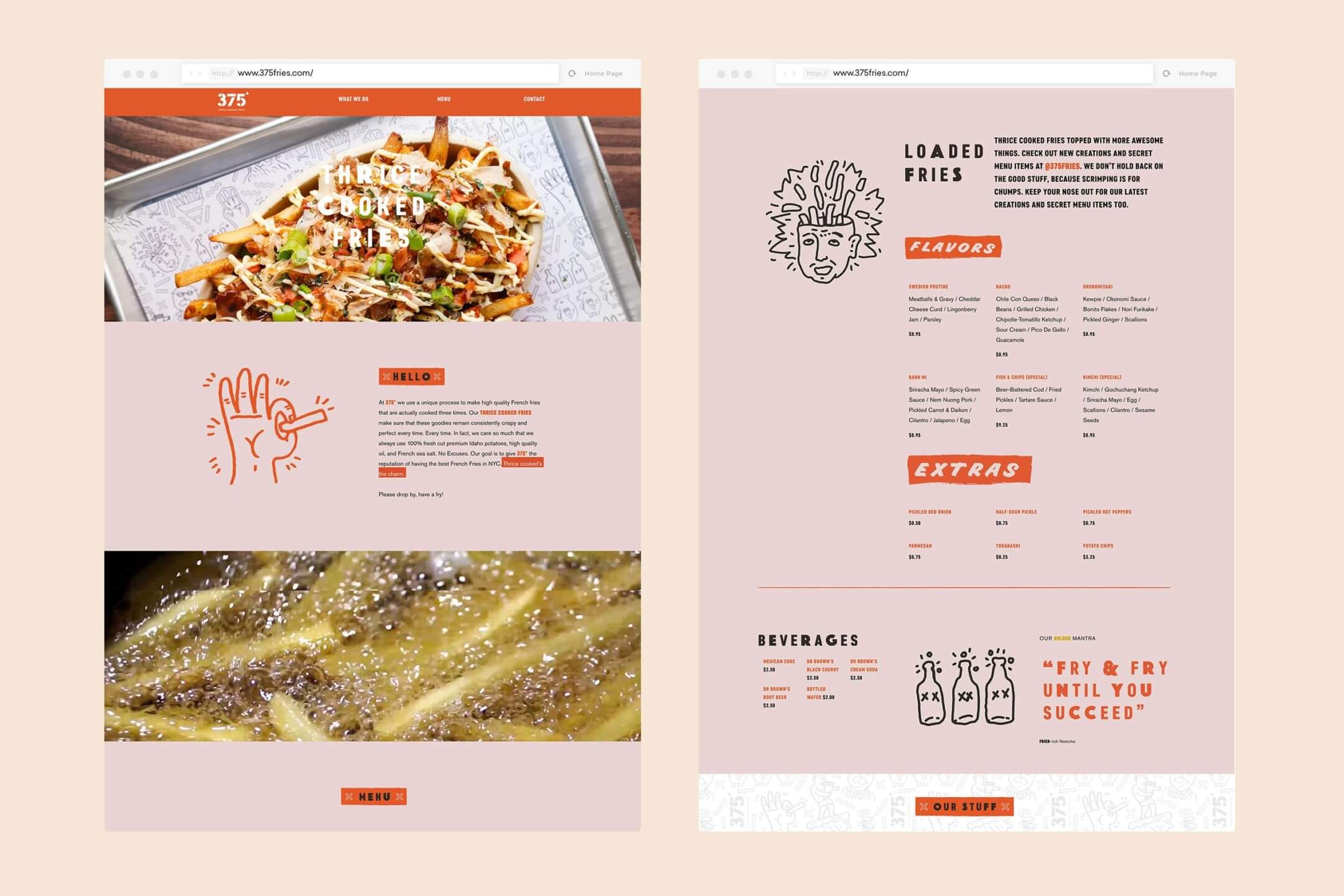 Website UX design for food and beverage brand 375 Chicken and Fries