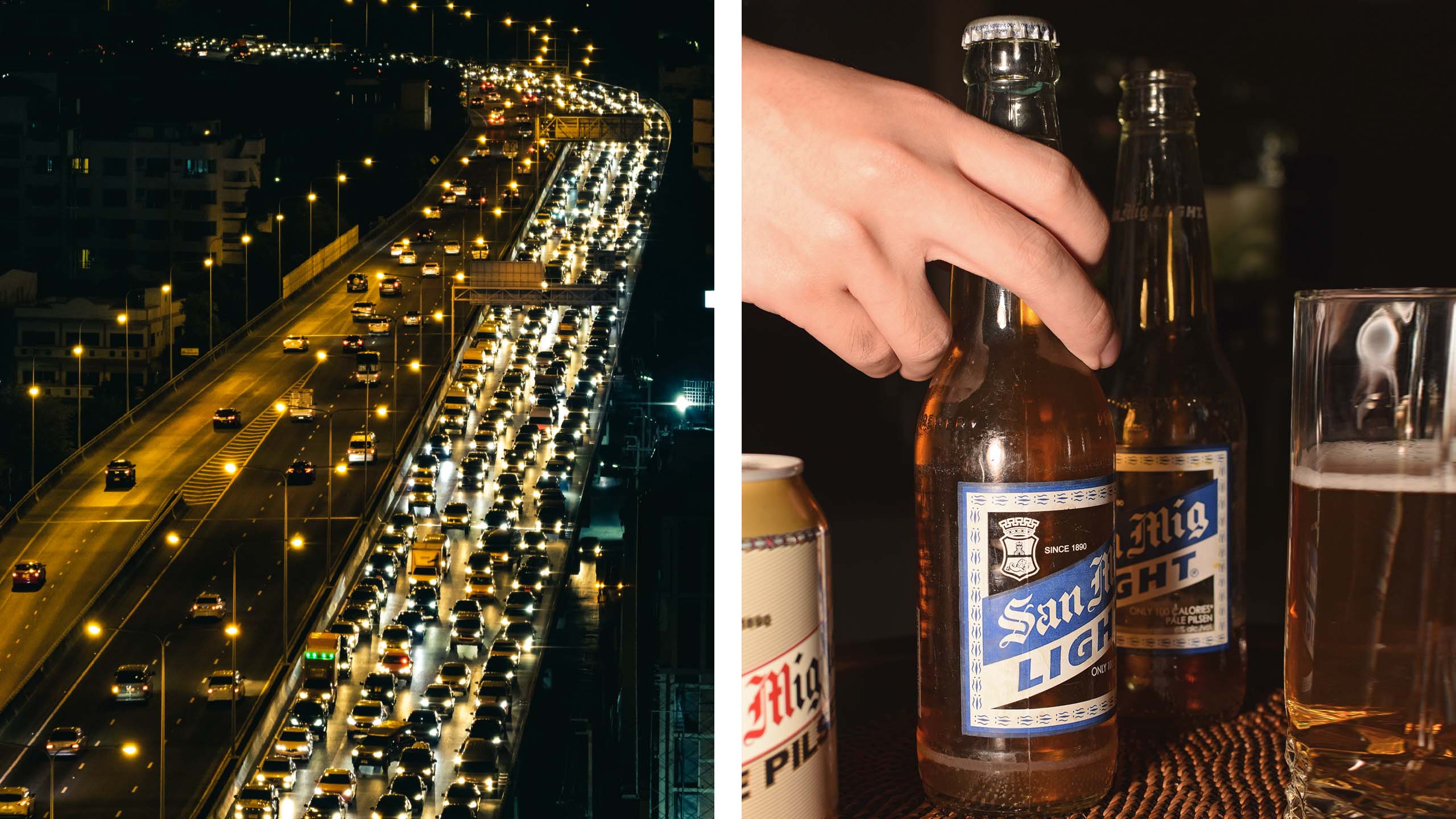 Photos of cars and traffic in EDSA and a hand grabbing a bottle of San Miguel Light beer