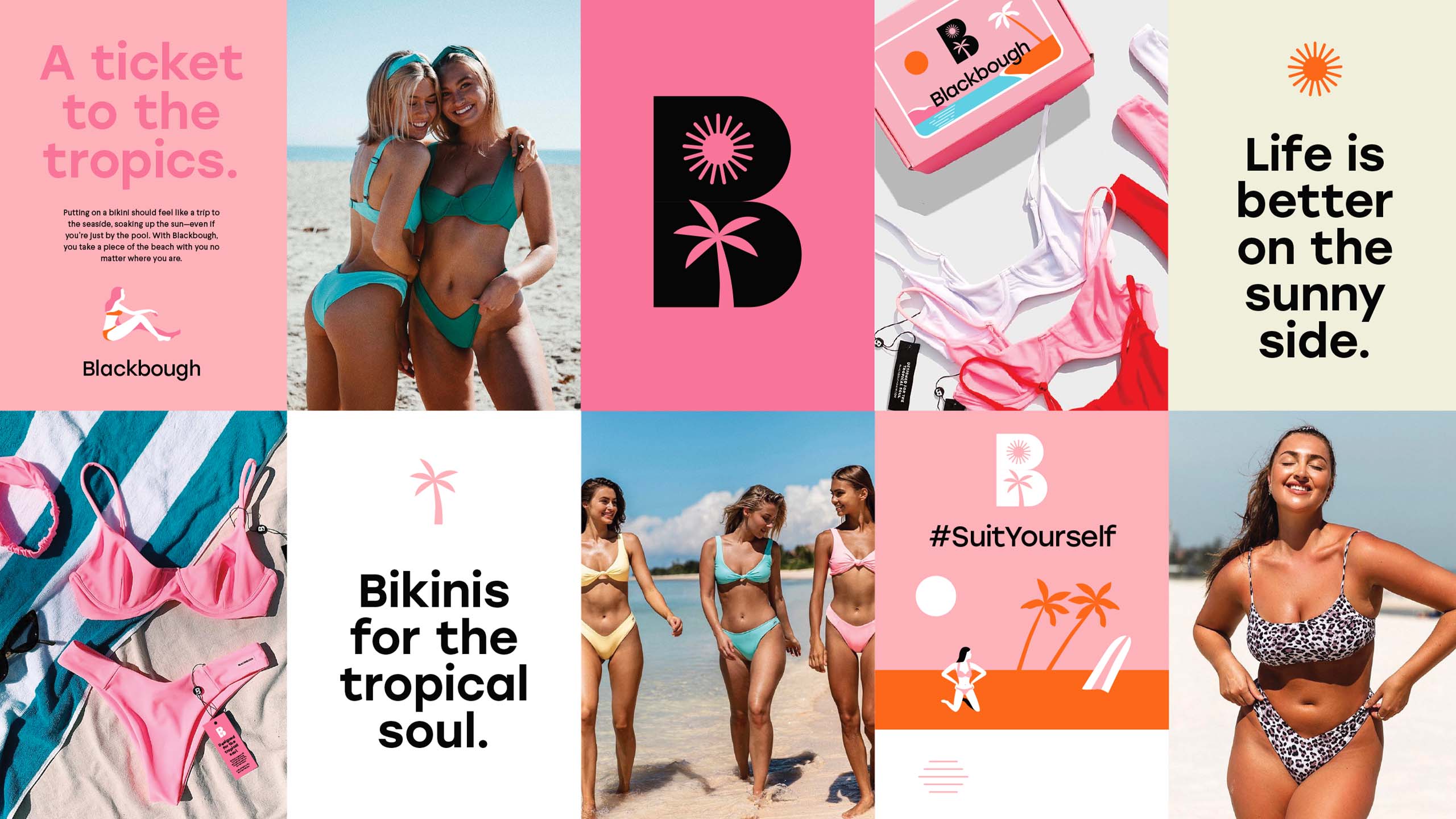 Packaging, posters, and illustrations designed for swimwear brand Blackbough