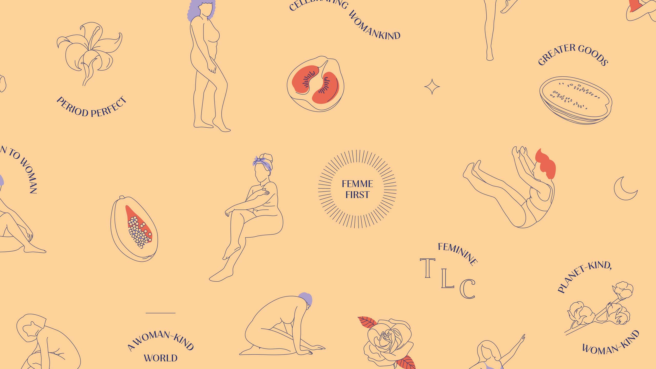 A minimal brand pattern of illustrations of women and fruits designed for femtech brand Nala