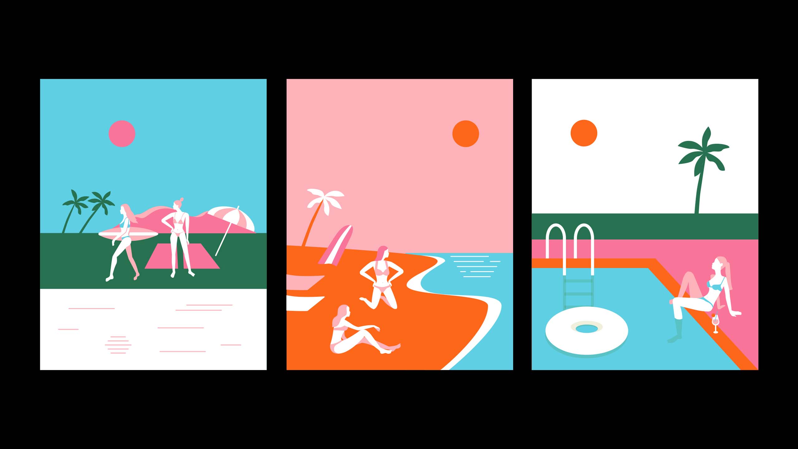 Colorful posters and illustrations designed for swimwear brand Blackbough
