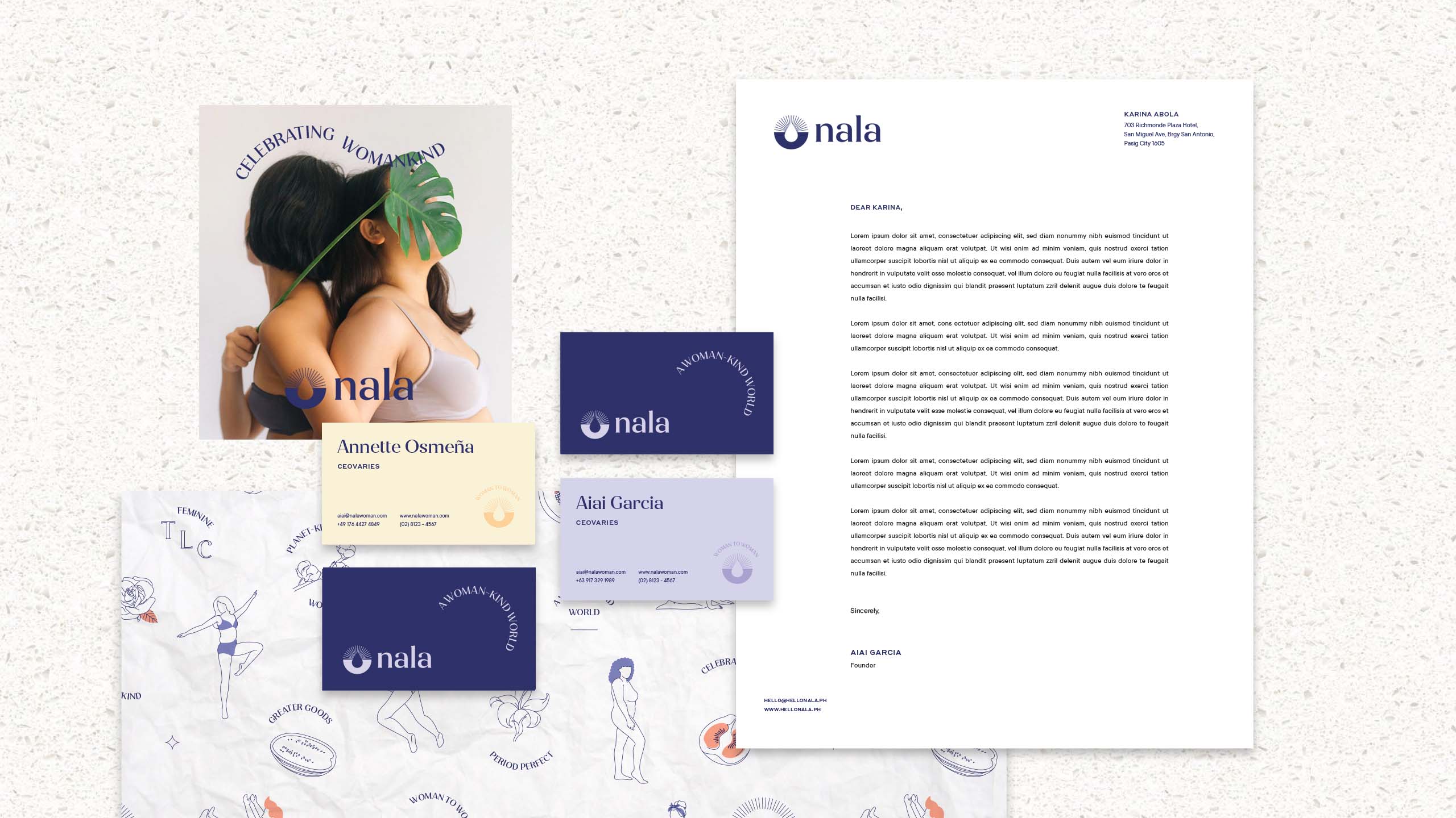 A flat lay of business collaterals for sustainable femtech brand Nala