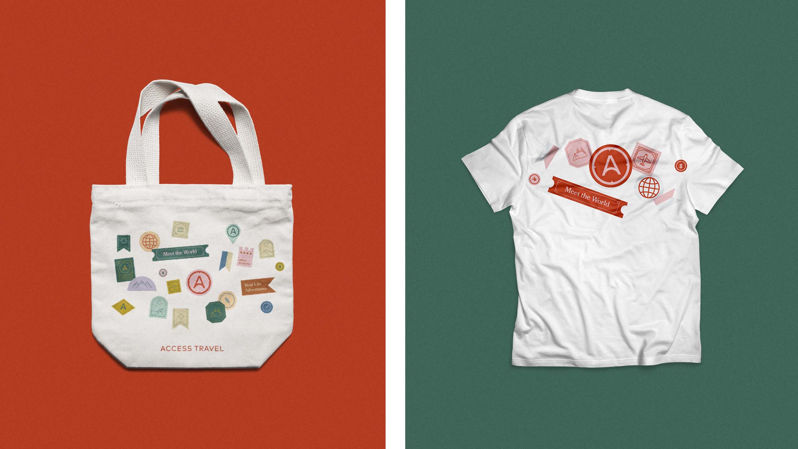 A fun and colorful totebag and tshirt design for travel brand Access Travel