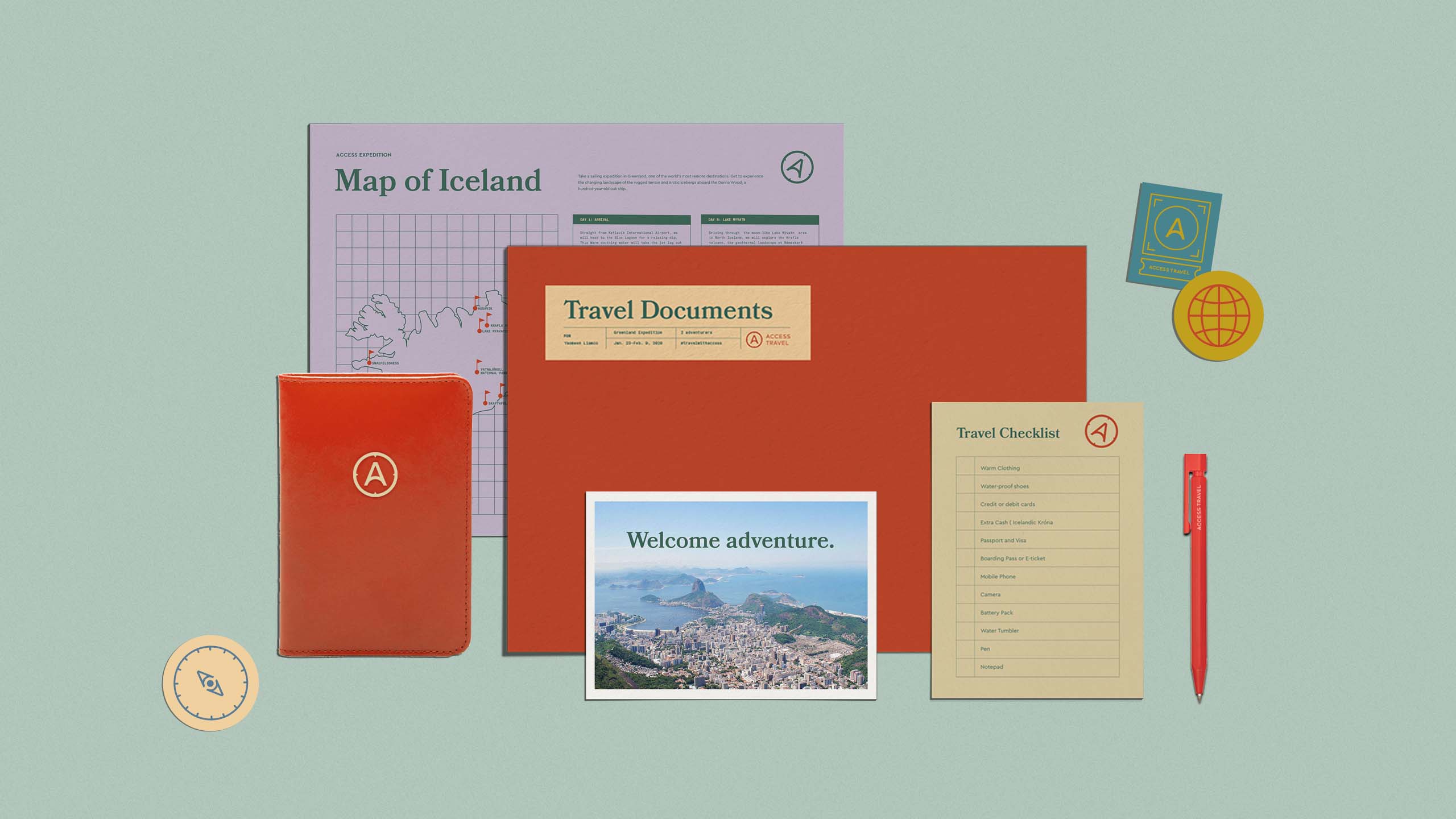 A flatlay of colorful essential collaterals for travel brand Access Travel