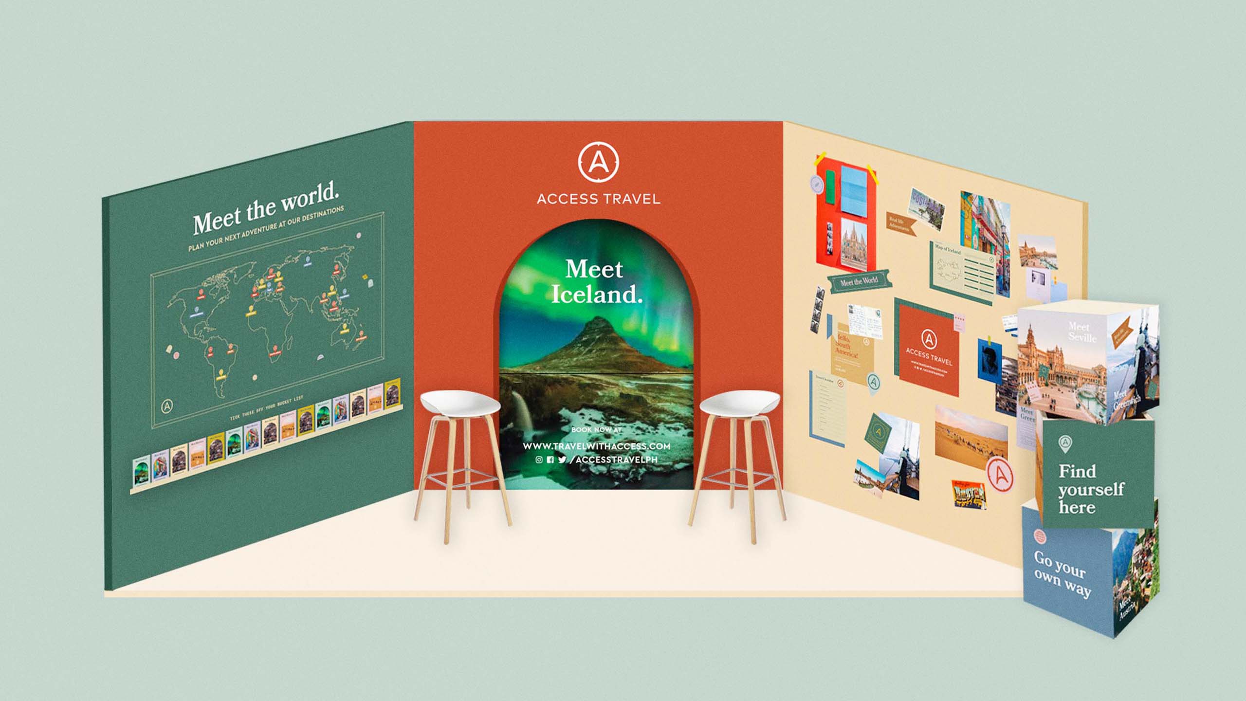 An instagrammable coloful booth design for travel brand Access Travel