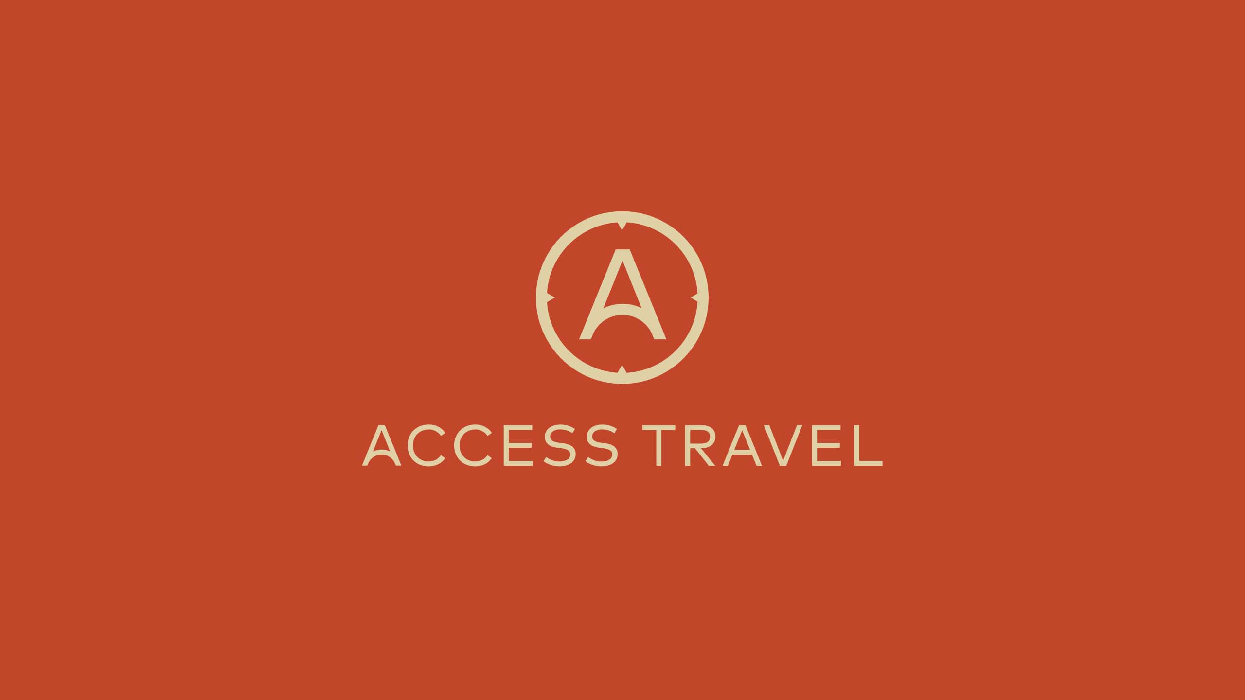 A witty red and beige logo designed for travel brand Access Travel