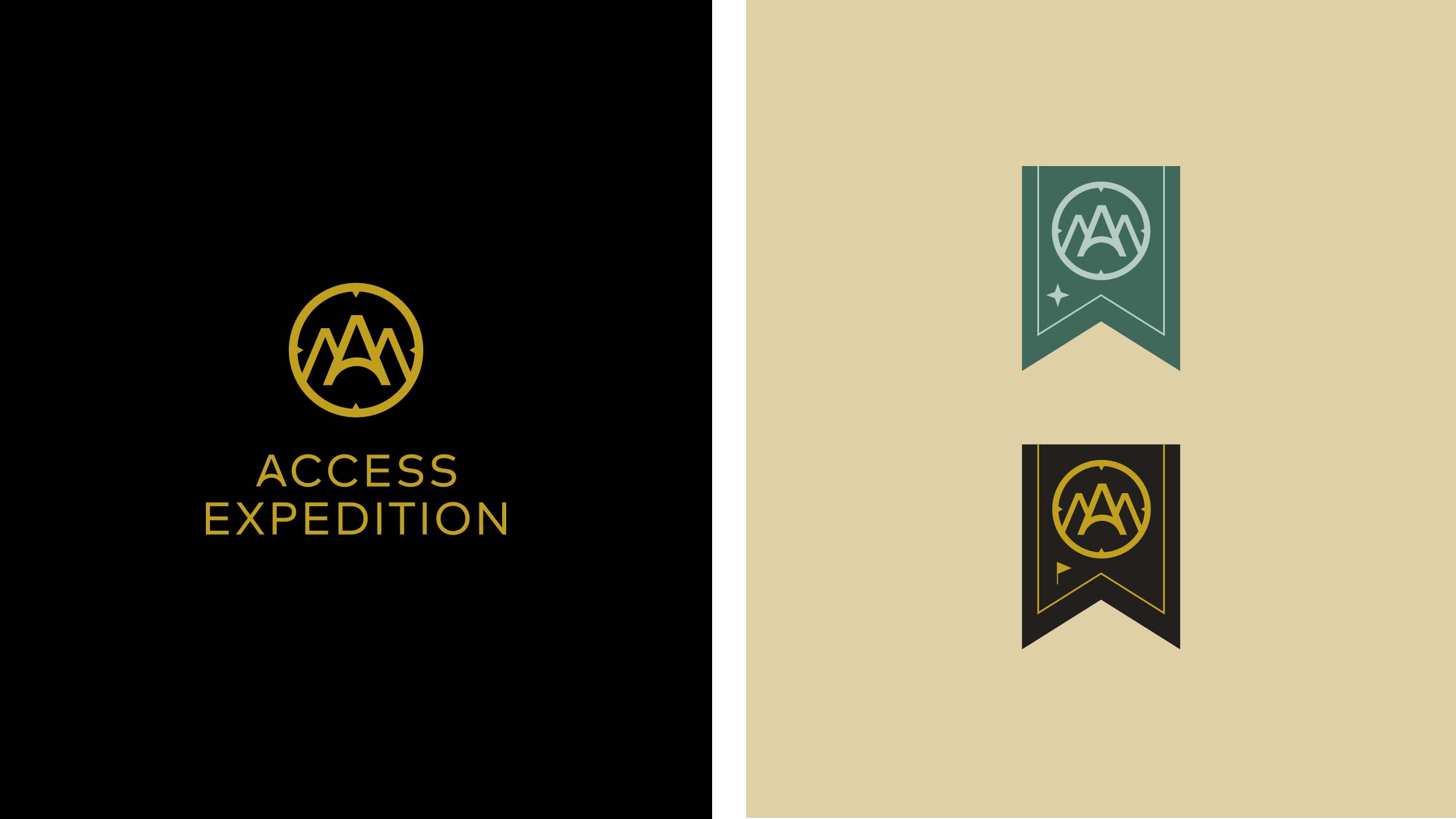 A black and gold logo and icons designed for travel brand Access Travel