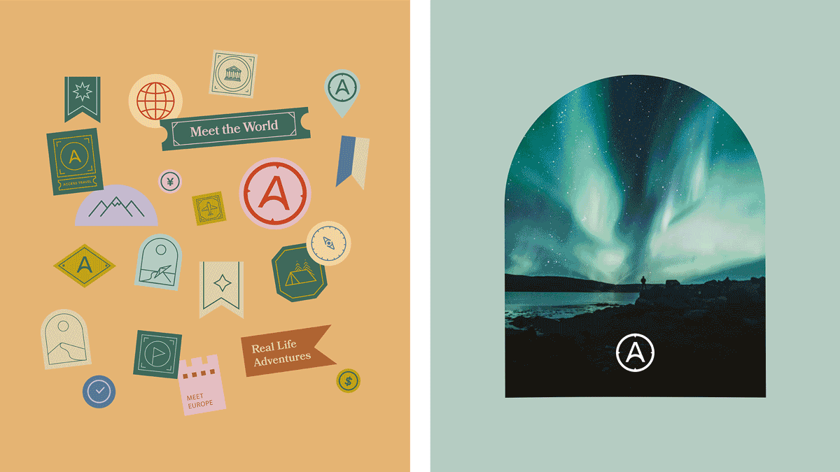 Fun and colorful sticker designs and an animation of destinations for travel brand Access Travel