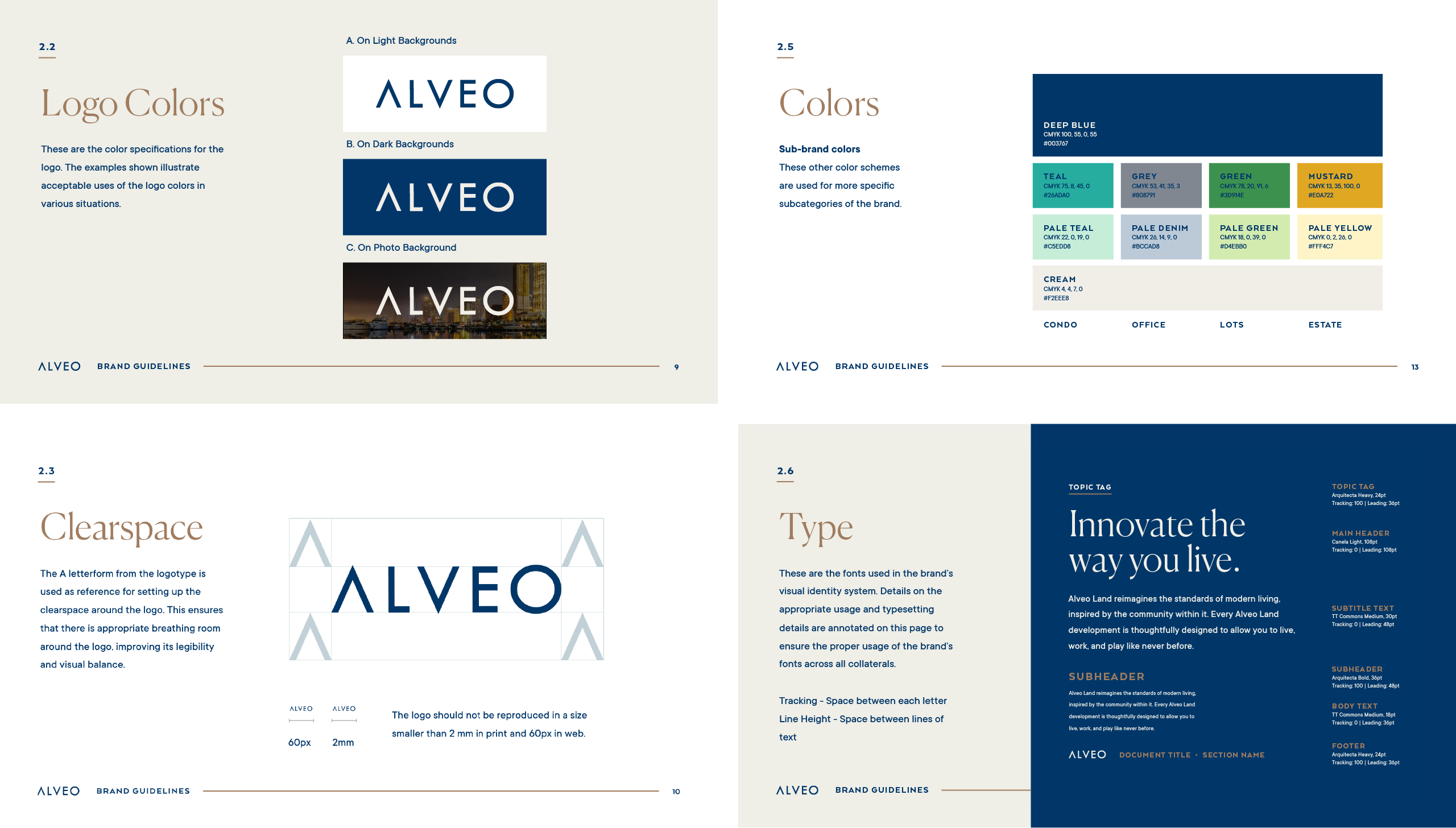 Logo, color palette, typesetting, and brand guidelines for real estate brand Alveo a development by Ayala Land