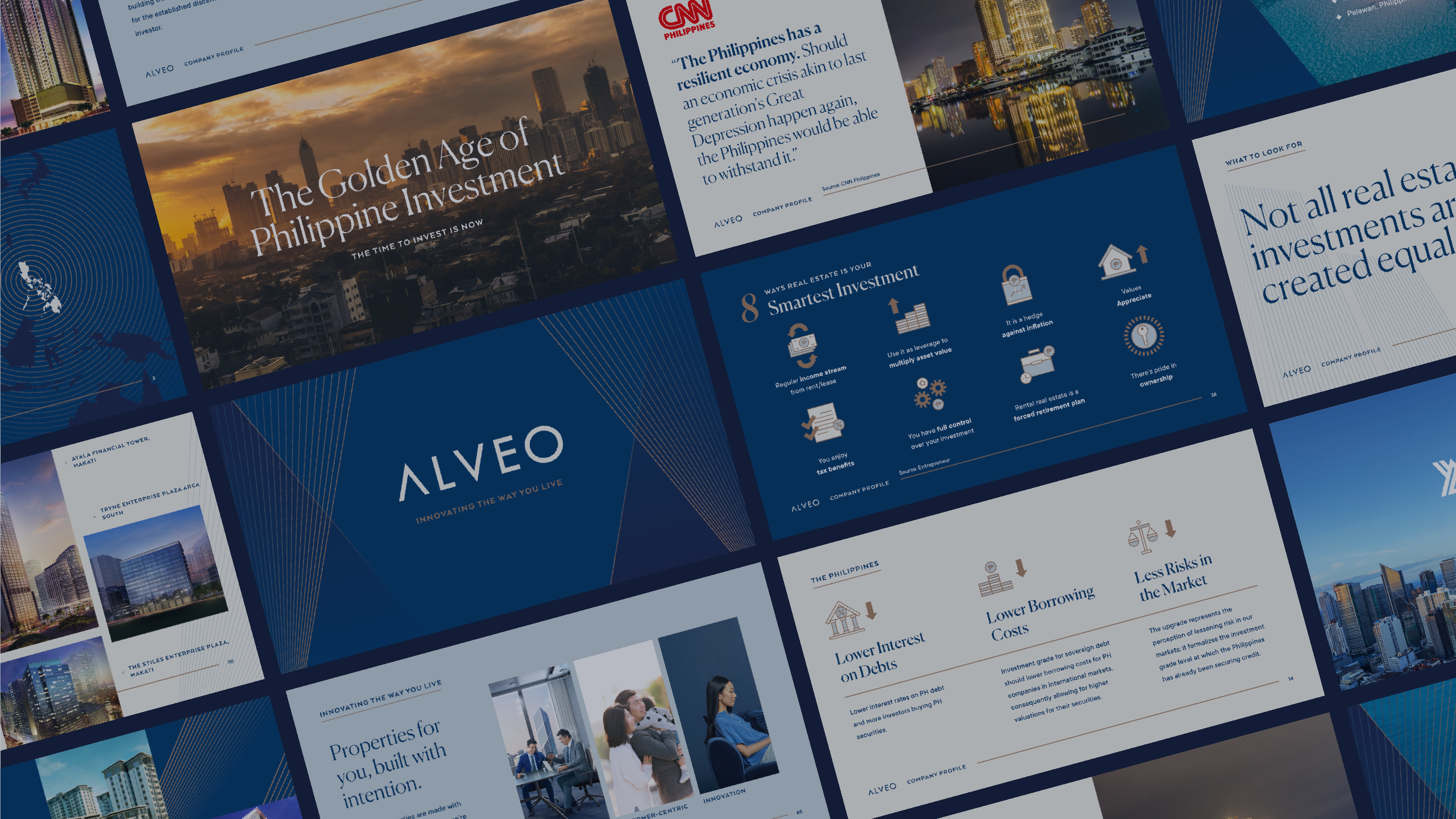 Corporate company profile slides and pages for real estate brand Alveo a development by Ayala Land