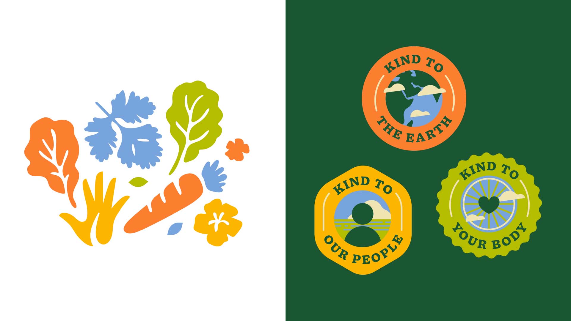 Colorful fruit and vegetable stamp illustrations and badge design for bidynamic farm and brand Ami Farms 