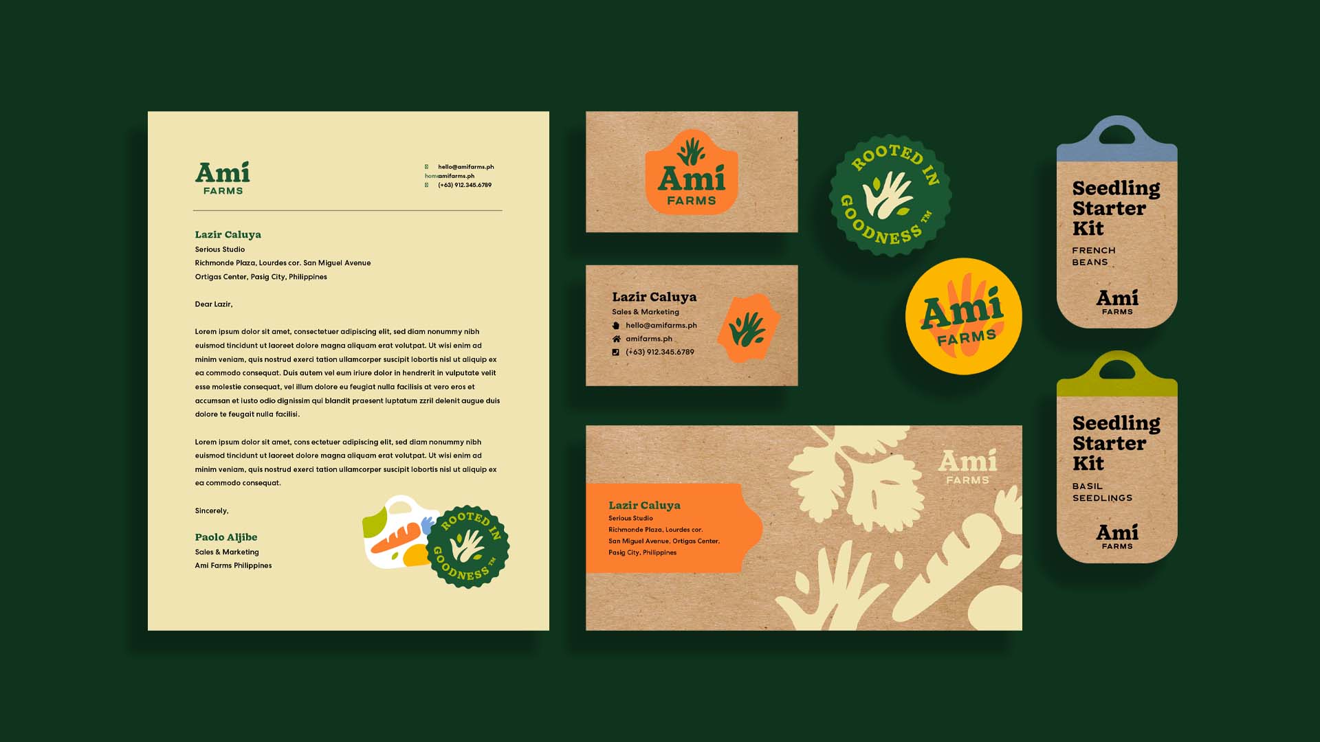 Fun and friendly branding mocked up on printed collaterals for Philippine-based Ami Farms