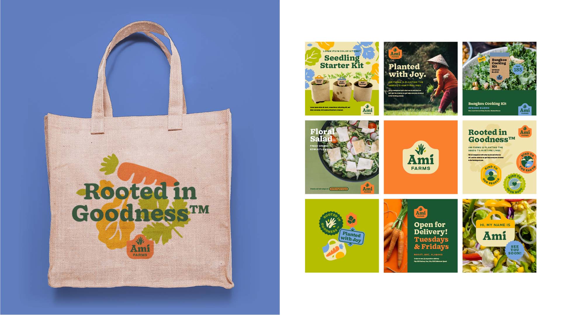 Colorful canvas tote bag and social media content template layout designs for bidynamic farm and brand Ami Farms