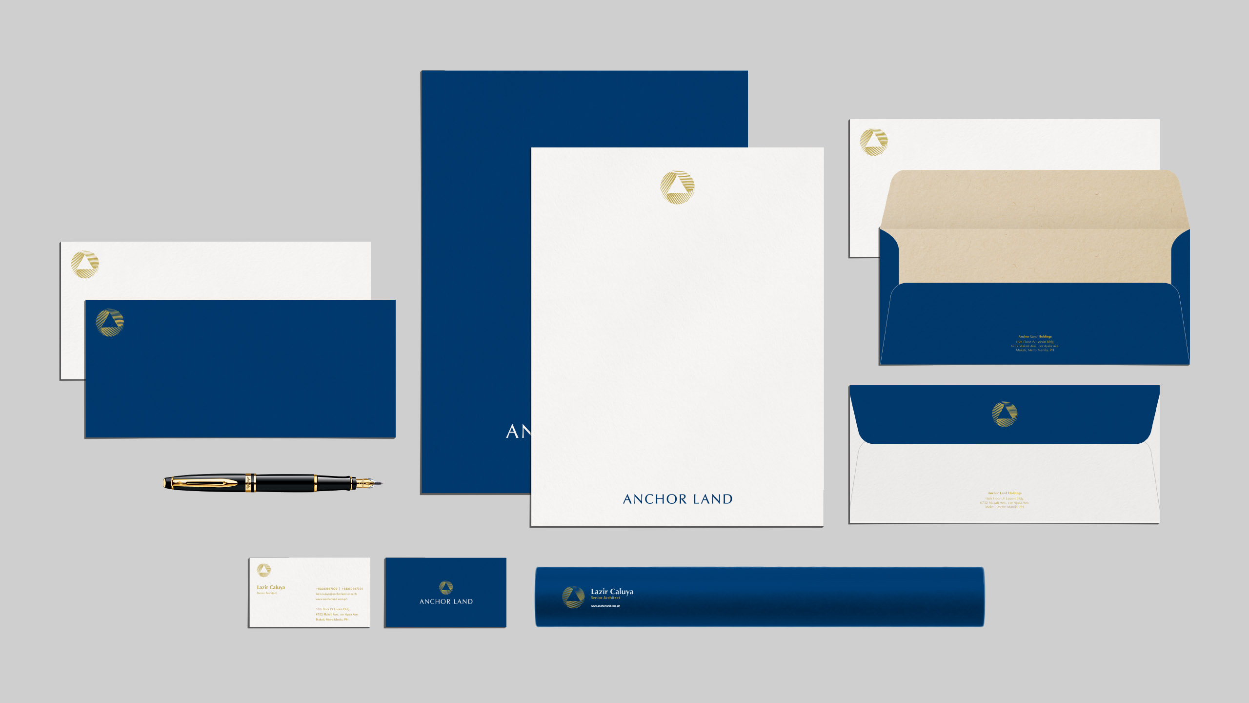 Minimal corporate stationery and collaterals for property developer brand Anchor Land