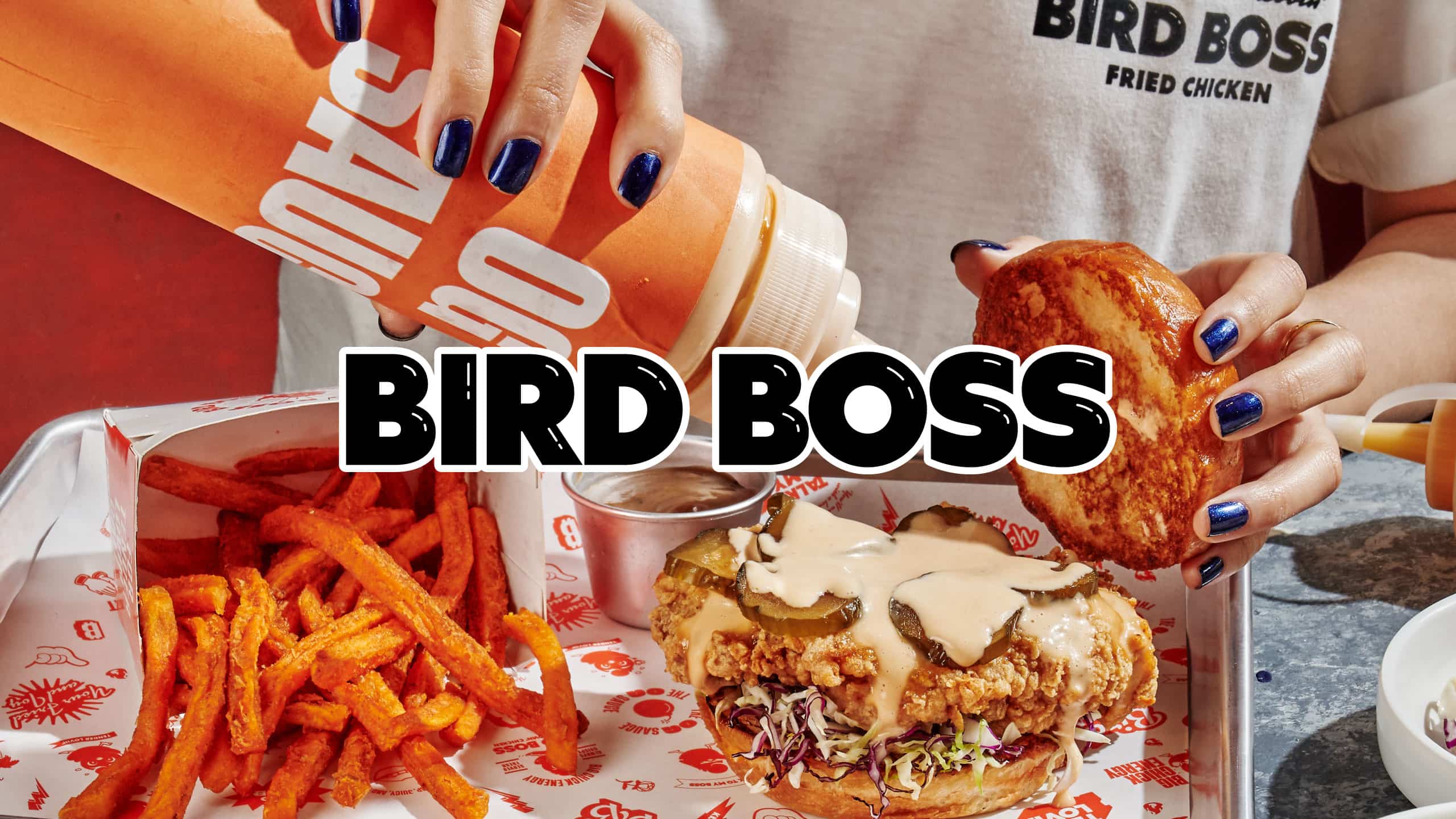 Photography for casual chicken restaurant Bird Boss with logo