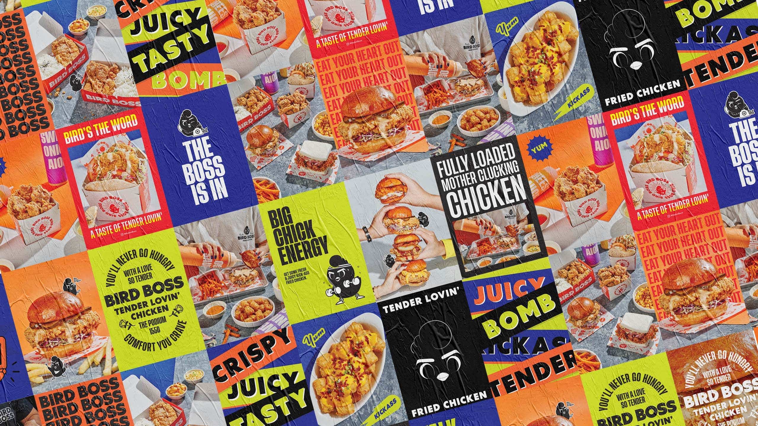 Fun and bold branding and photography applied on posters for casual chicken restaurant Bird Boss