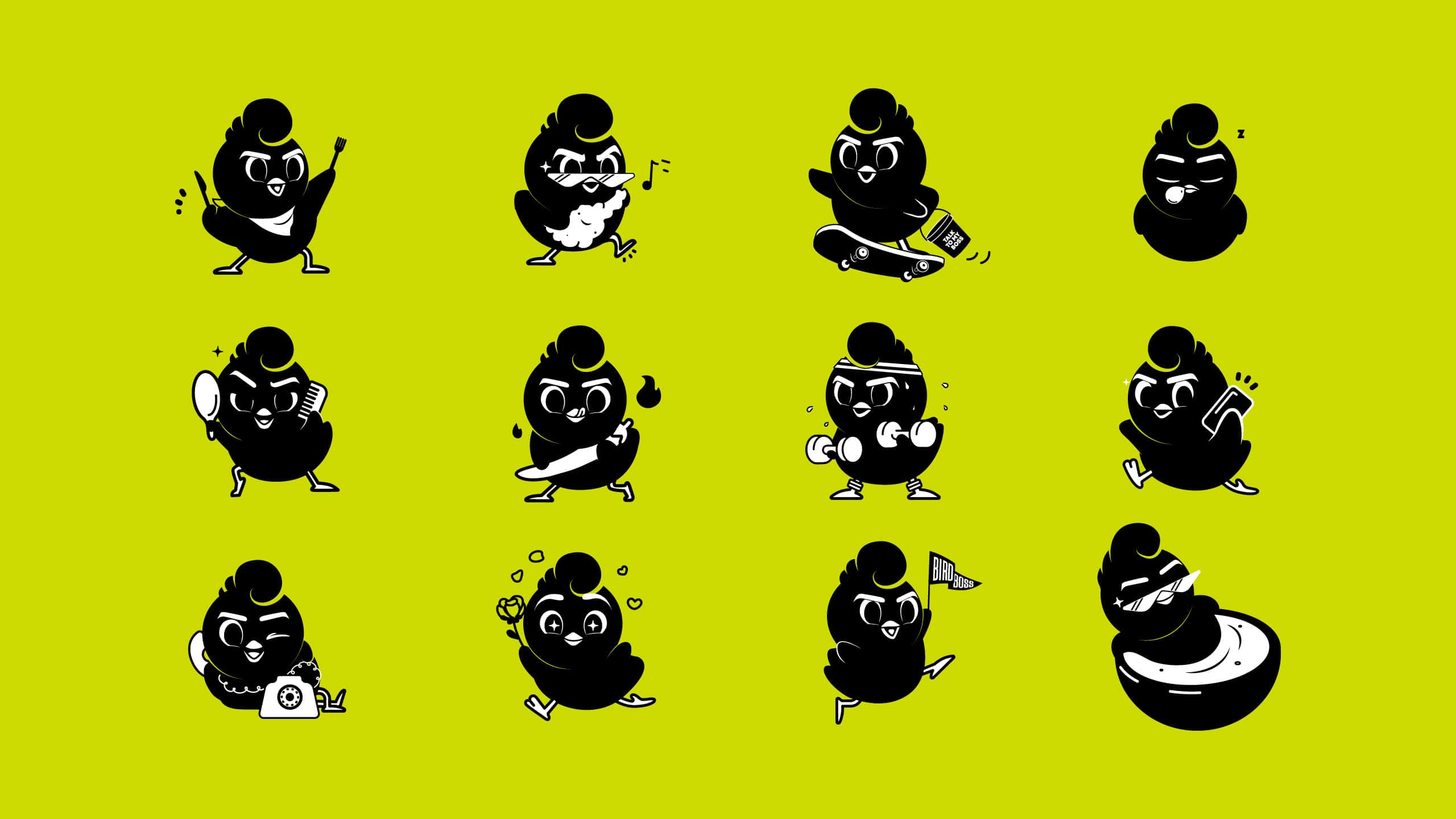 Fun and witty illustrations and icons for casual chicken restaurant Bird Boss