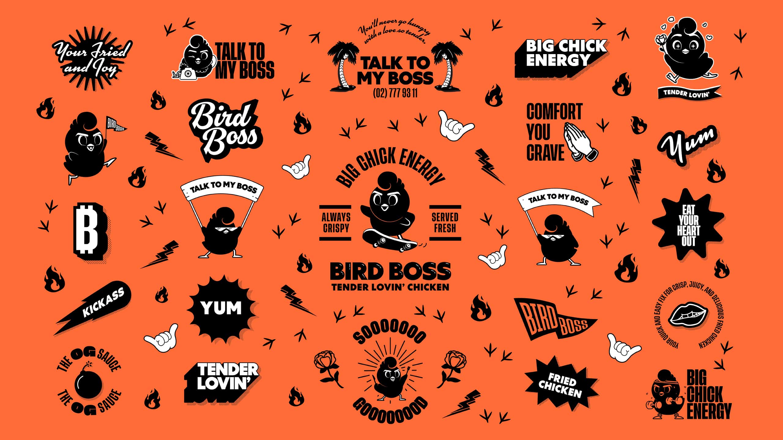 Fun and witty illustrations and icons for casual chicken restaurant Bird Boss