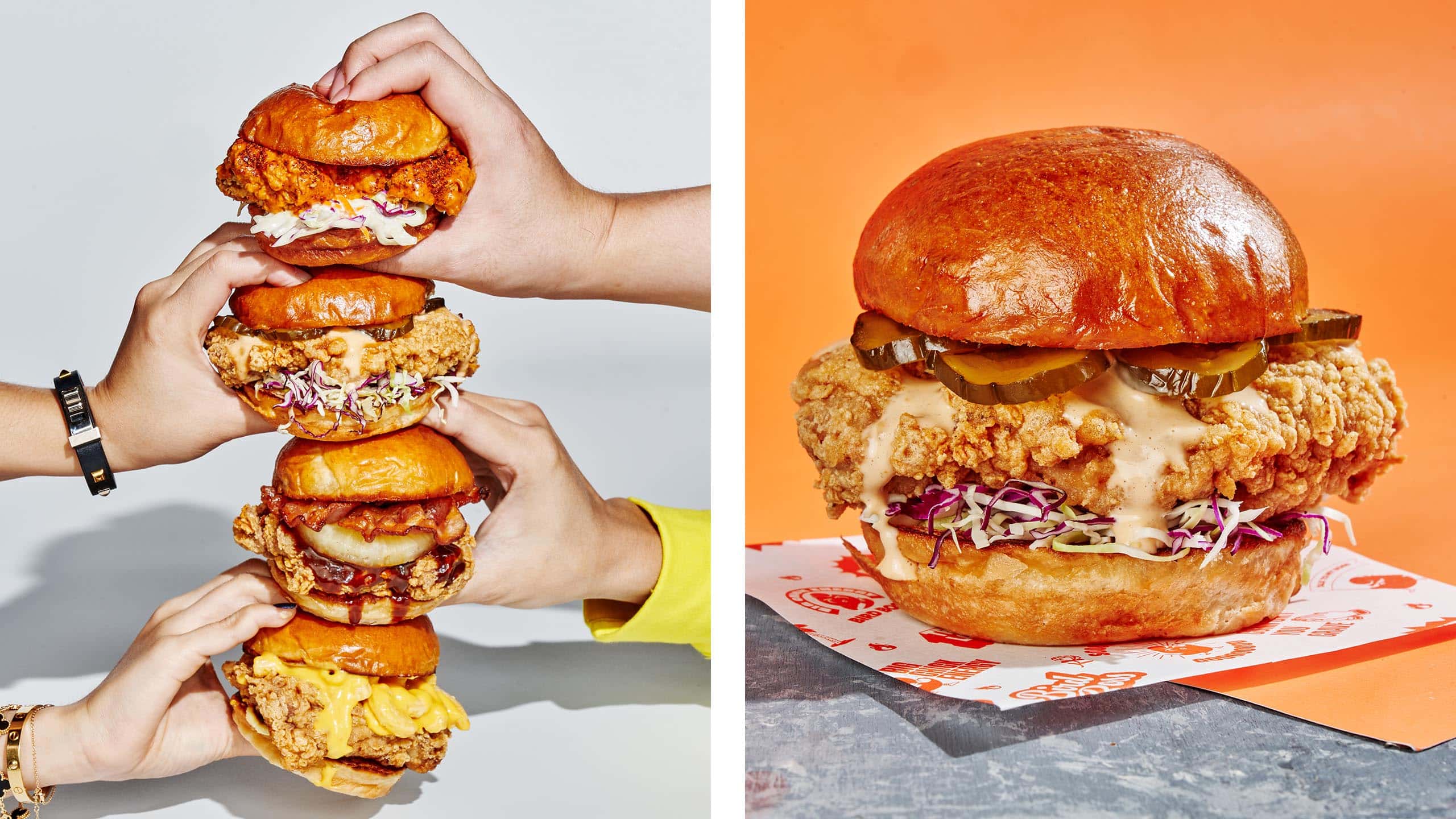 Photography of chicken burgers for casual chicken restaurant concept Bird Boss
