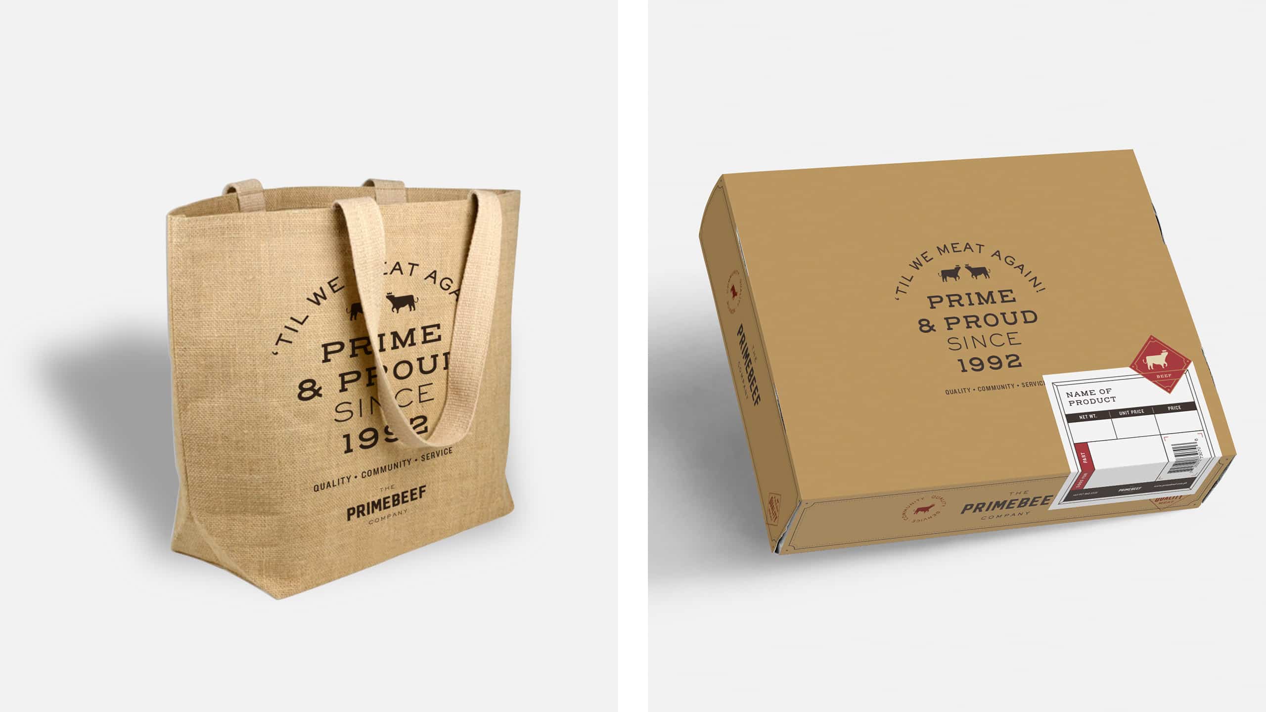 Customized canvas bag and box packaging with informative sticker for Filipino meat brand Primebeef
