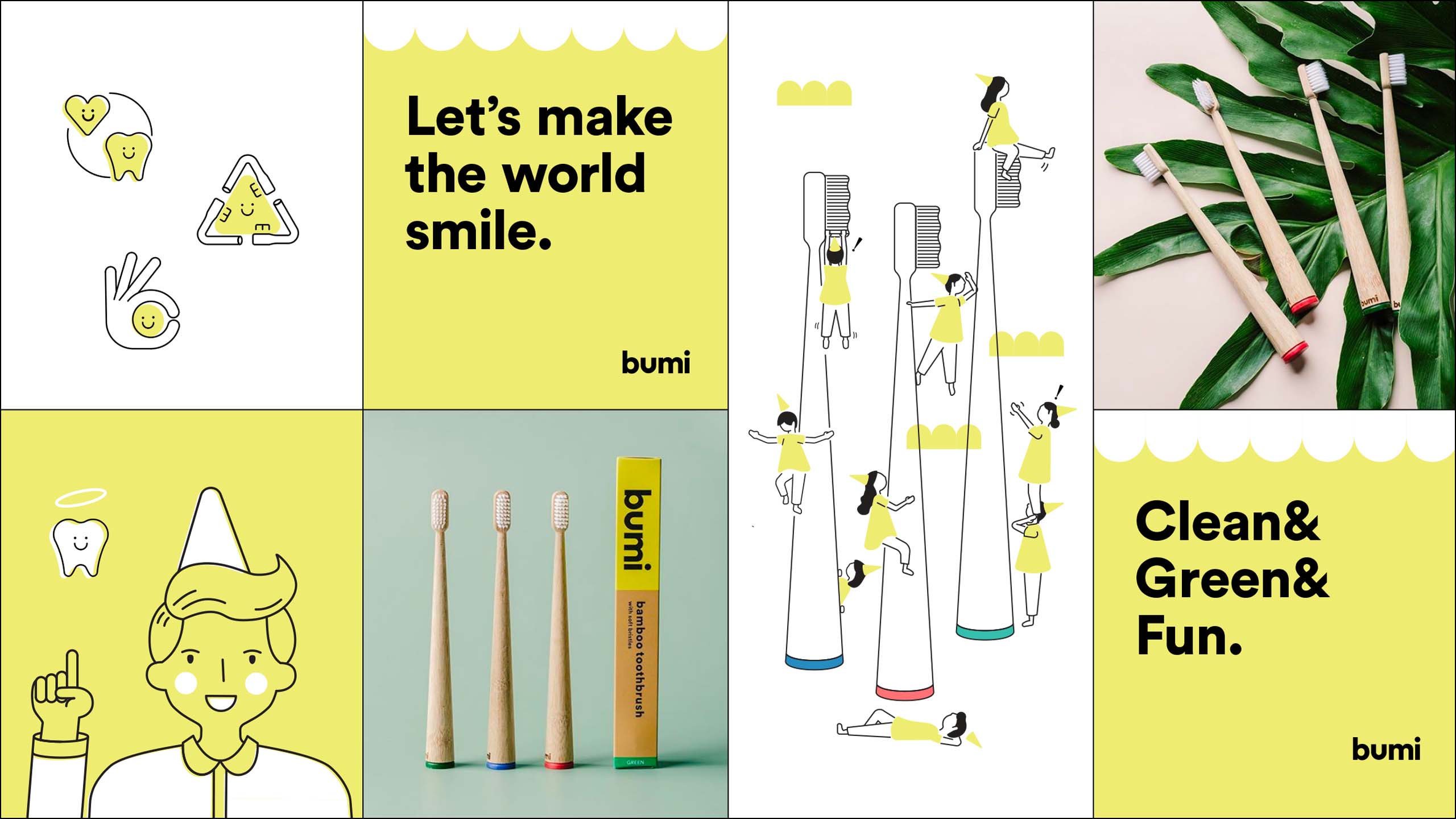 Fun minimalist branding and illustrations for sustainable toothbrush brand Bumi