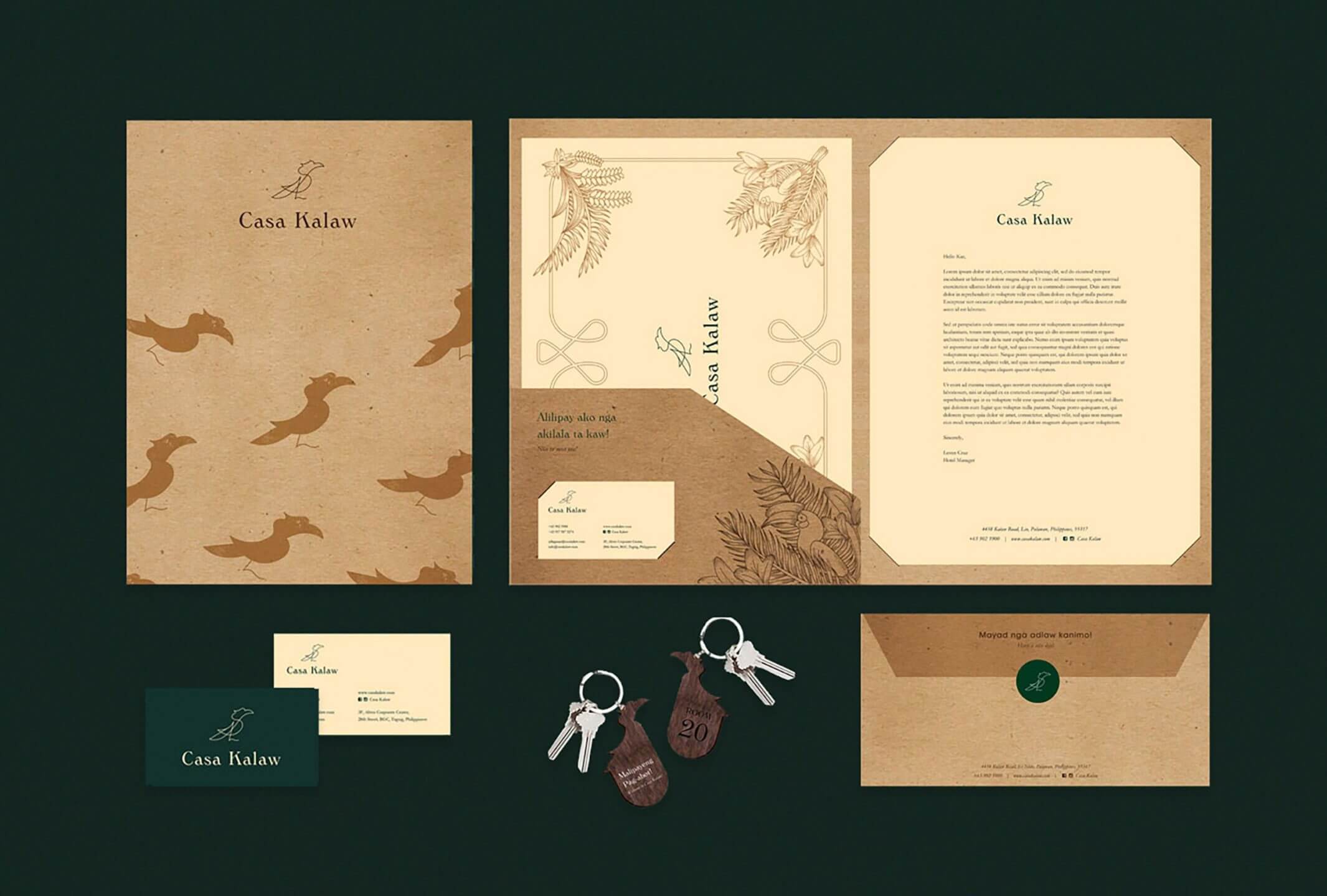 Hotel collaterals made of kraft paper with detailed illustrations designed for El Nido B&B brand Casa Kalaw