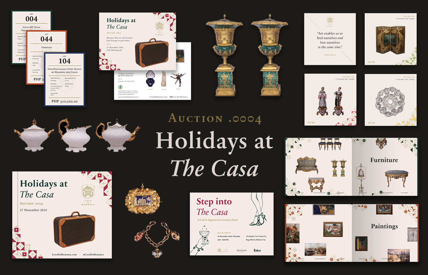 Campaign branding and collaterals designed for Holidays at the Casa Auction for Casa de Memoria