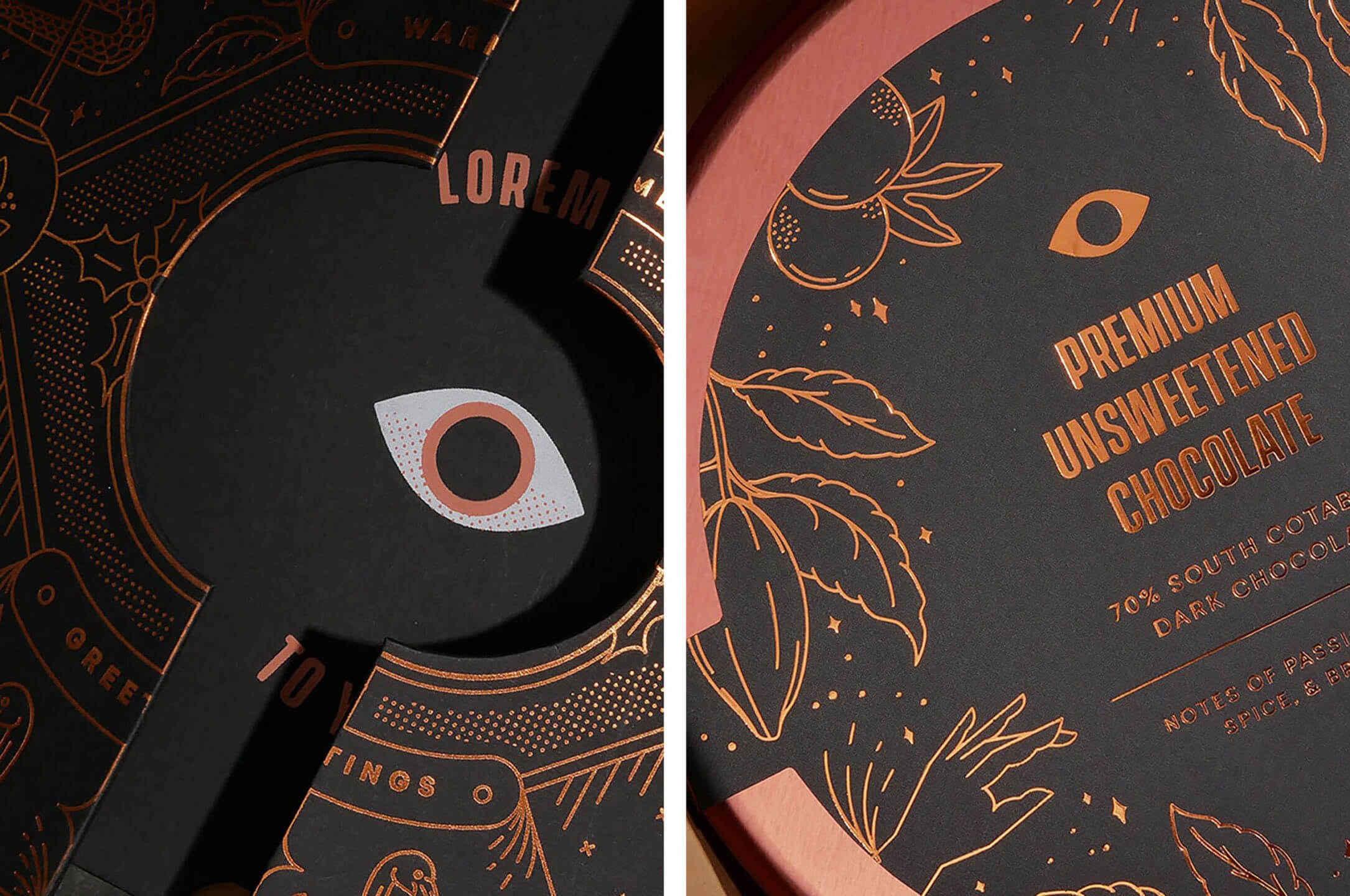 Beautifully detailed rose gold foil stamping details on specialty black paper and a tin can