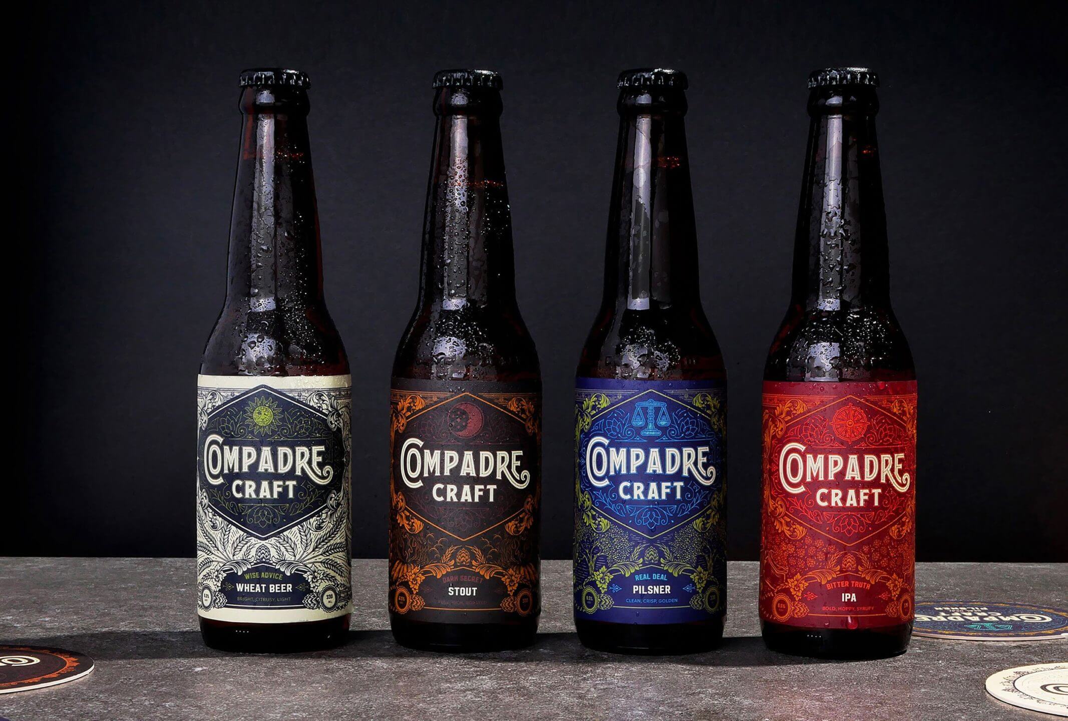 Compadre Craft Beers all together— wheat beer, stout, pilsner, ipa