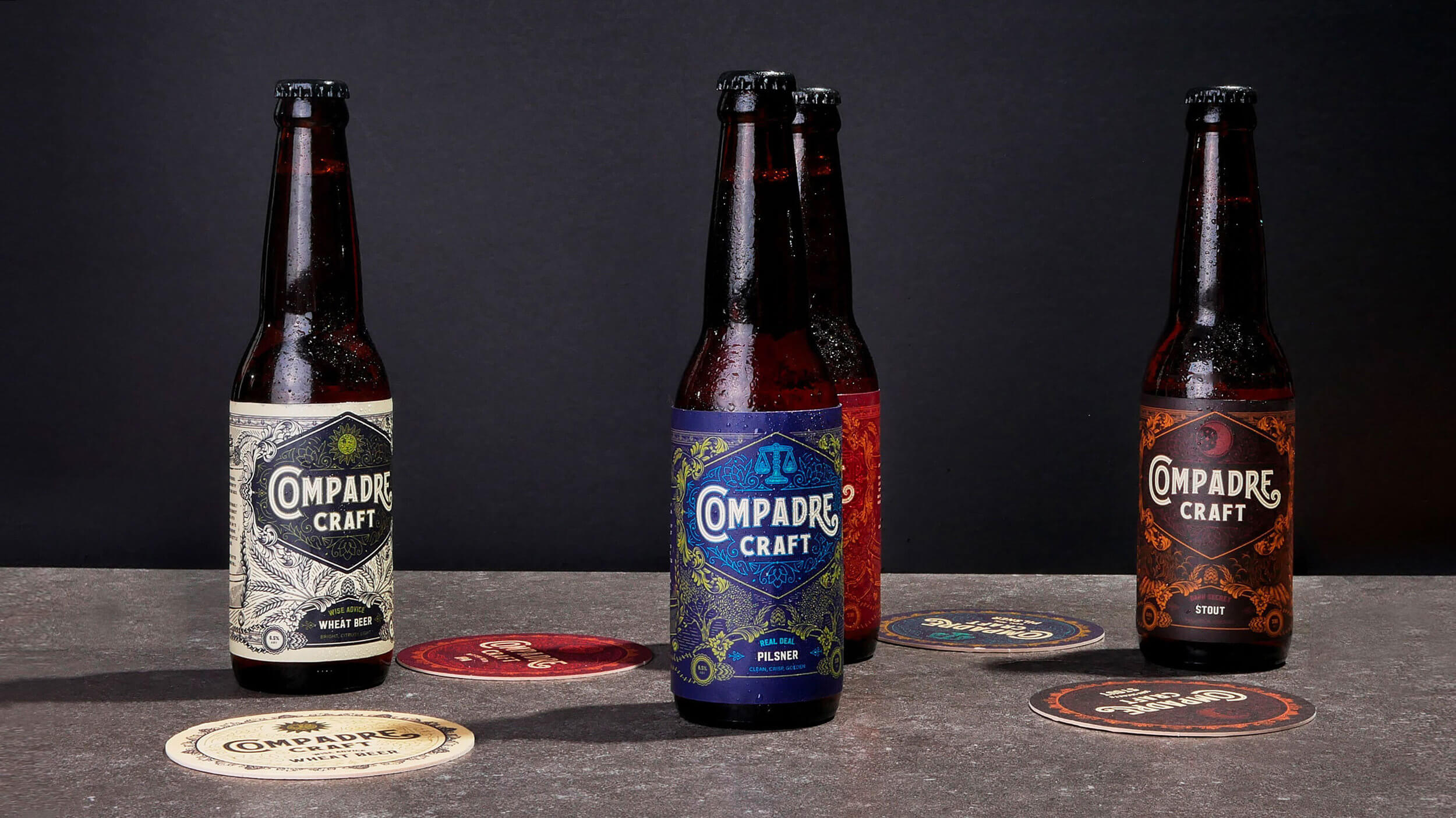 Vintage bottle label designs for food and beverage brand Compadre Craft Beer