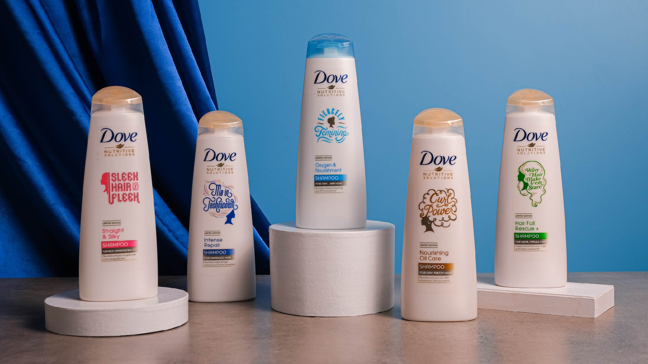 Studio photography of custom bottle designs for Dove My Hair My Say campaign