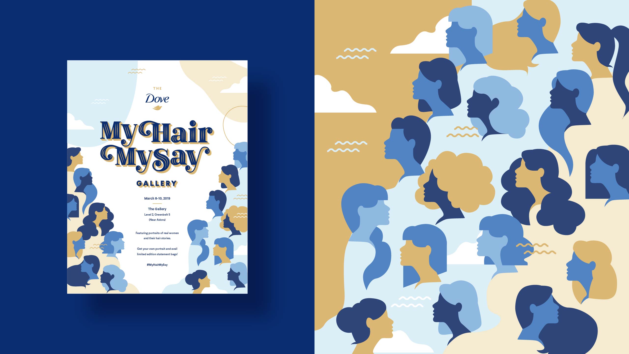 Branded event poster and a pattern design of women for Dove My Hair My Say campaign