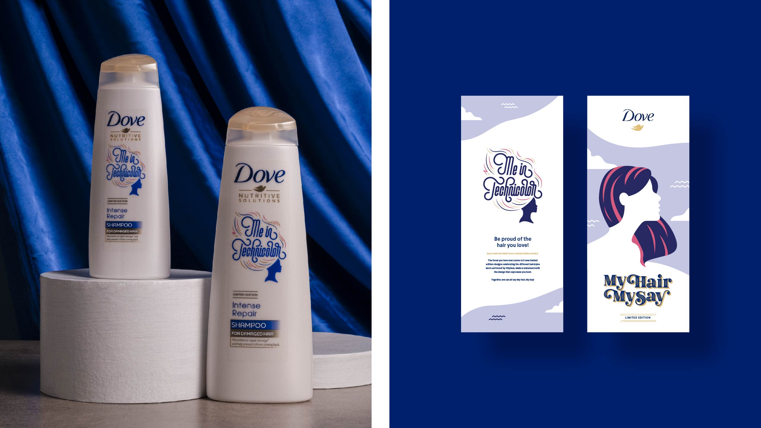 Studio photography of custom shampoo bottle and box packaging designs for Dove My Hair My Say campaign