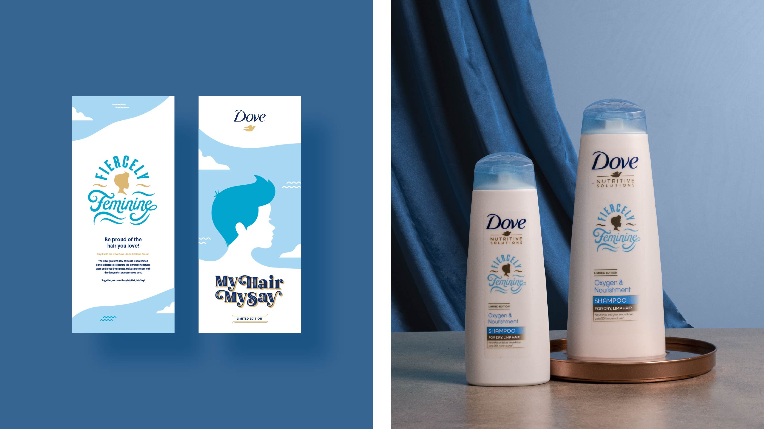 Studio photography of custom shampoo bottle and box packaging designs for Dove My Hair My Say campaign