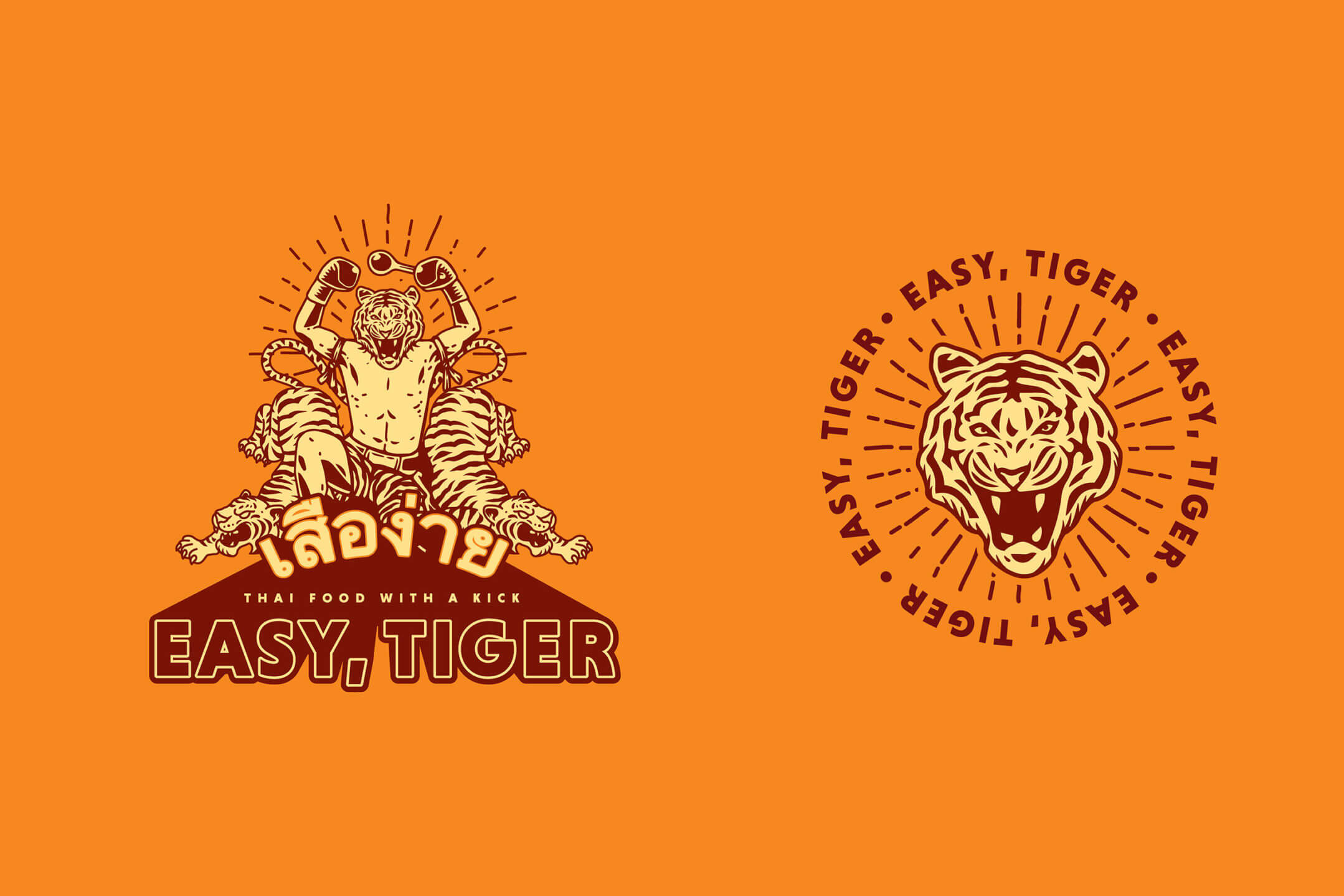 Logo lockups and seals featuring tiger illustrations for Thai food and beverage brand Easy Tiger